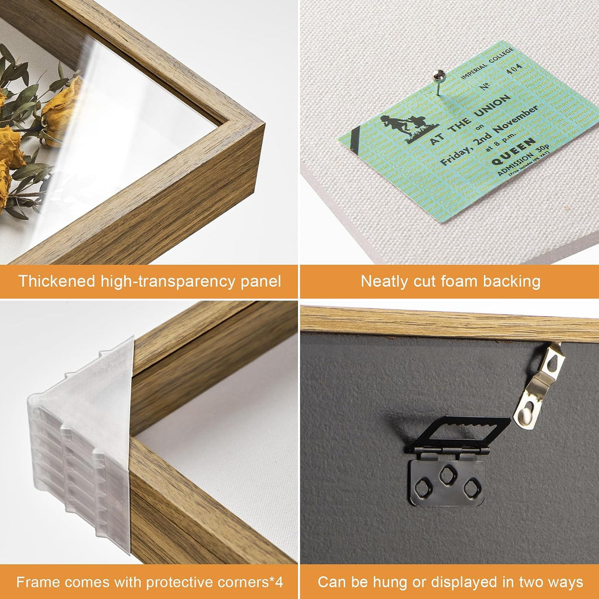12x16 Large Shadow Box Frame with Thickened Acrylic Panel & Pins | With Push Pins, Deep 1.7" Brown Shadow Box Display