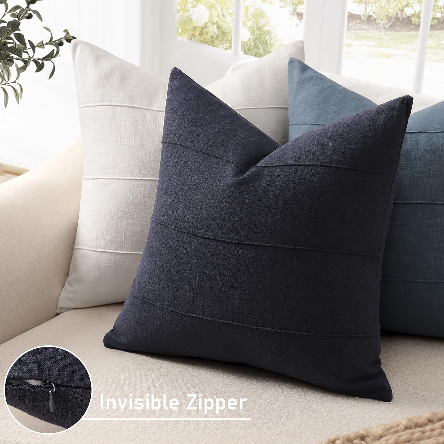 Decorative Linen Throw Pillow Covers Solid Handcrafted Striped / Dark Navy / 18 x 18 / Set of 2