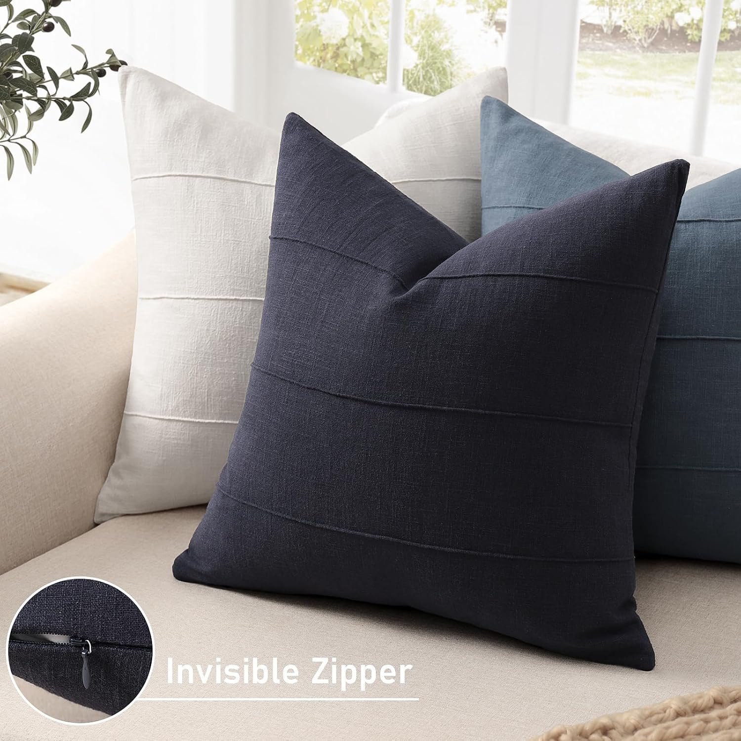 Decorative Linen Throw Pillow Covers Solid Handcrafted Striped / Dark Navy / 18 x 18 / Set of 2