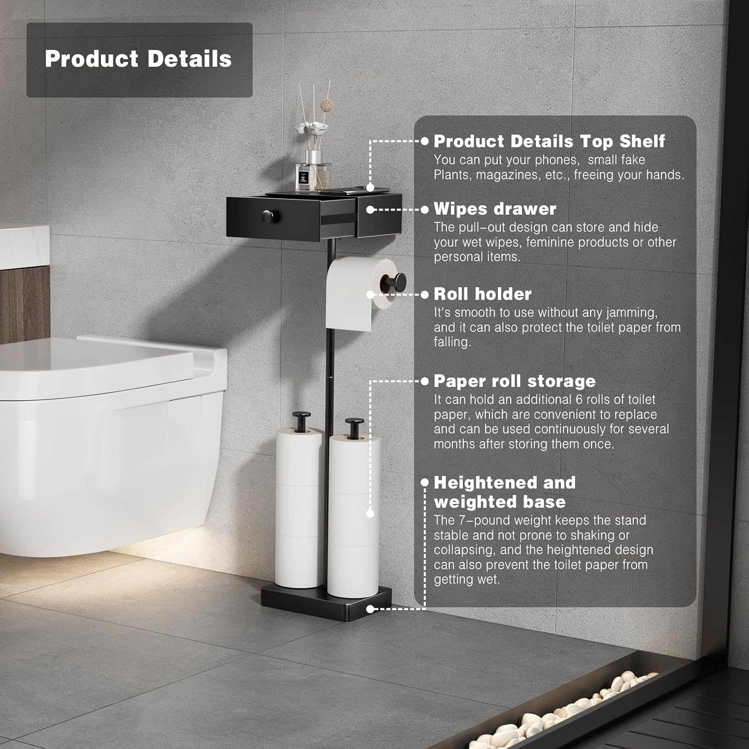 VOLDRA Toilet Paper Holder Stand with Shelf, Free Standing Black Toilet Paper Roll Holder with Wipes Storage Drawer