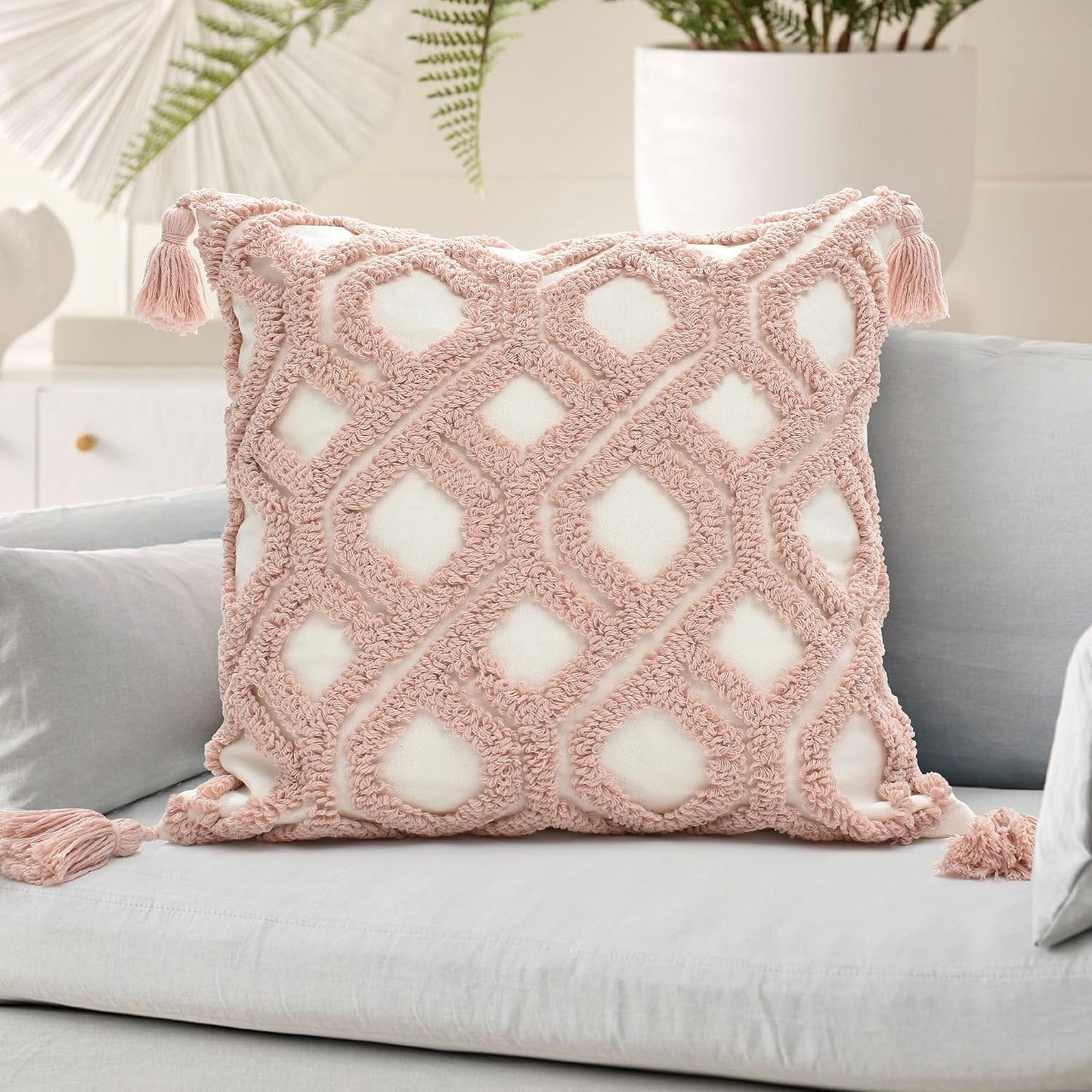 Boho Pillow Covers Boho Tufted Throw Pillow Covers Decorative Tassels Cushion / Boho Blush / 18 x 18