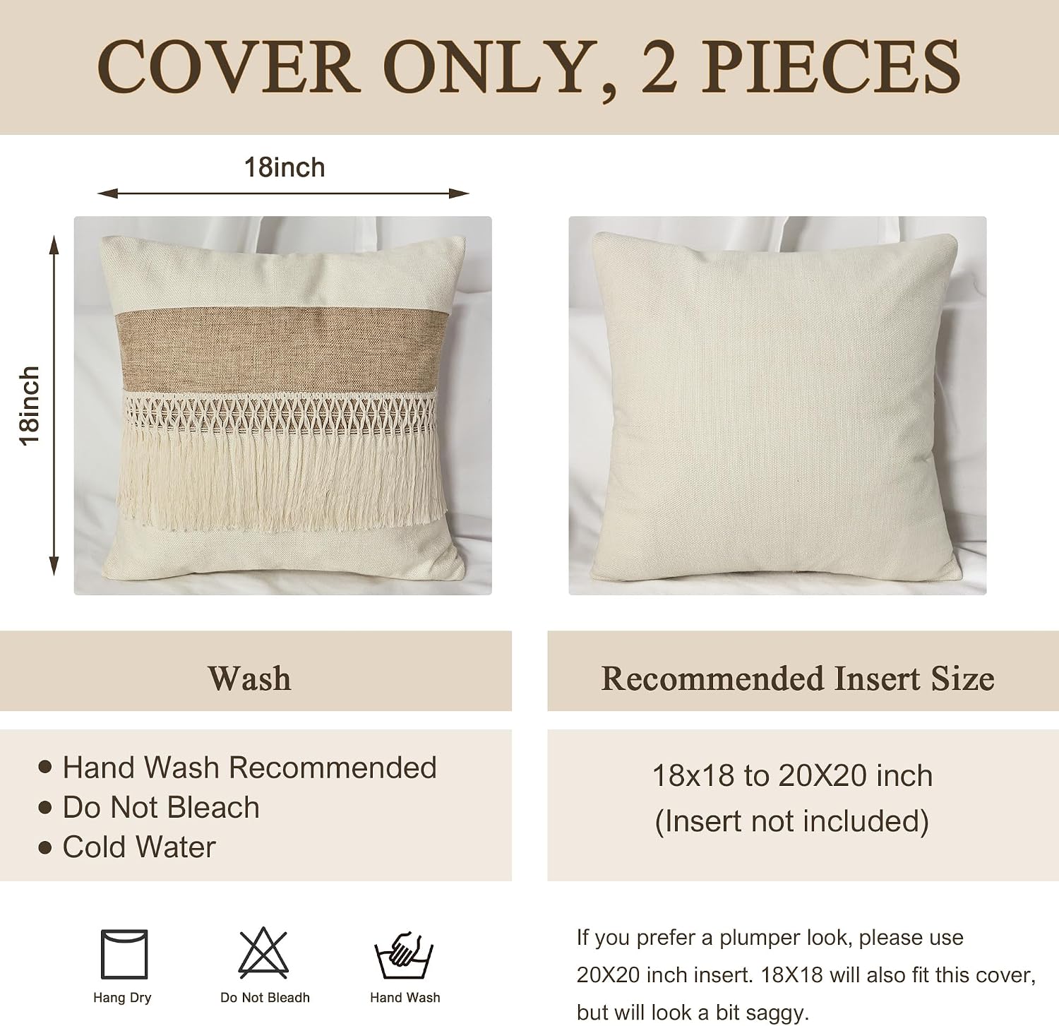 Boho Patchwork Linen Throw Pillow Covers / Boho Long Fringe-beige / 18 x 18 / Set of 2