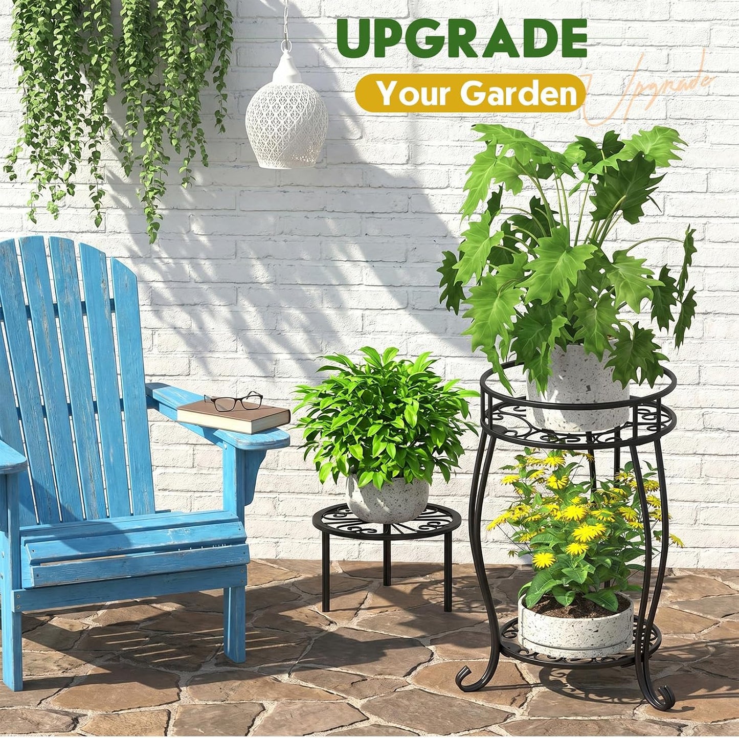 TOSKING 2-Tier & 9.1'' Single Metal Plant Stand Set,Indoor/Outdoor,Black | Single Stand with Adjustable Leveling Feet