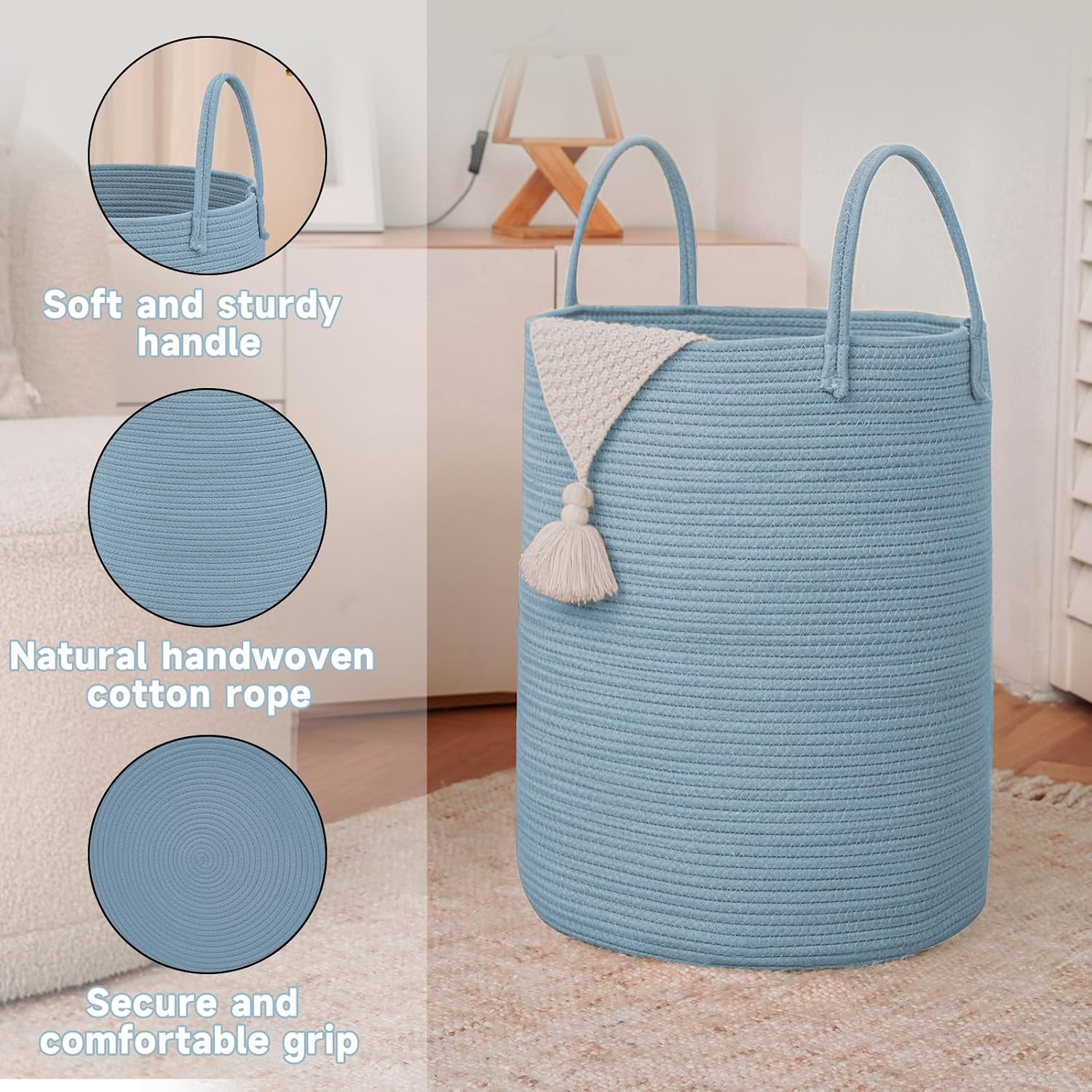 Large Woven Laundry Basket Hamper / Blue / 60L