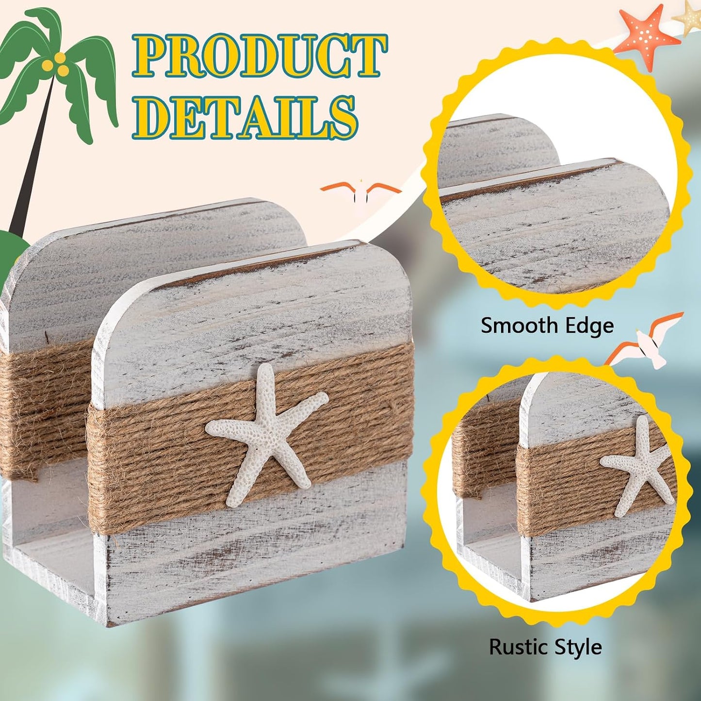 Natural Wooden Napkin Holder / Beach Style / White