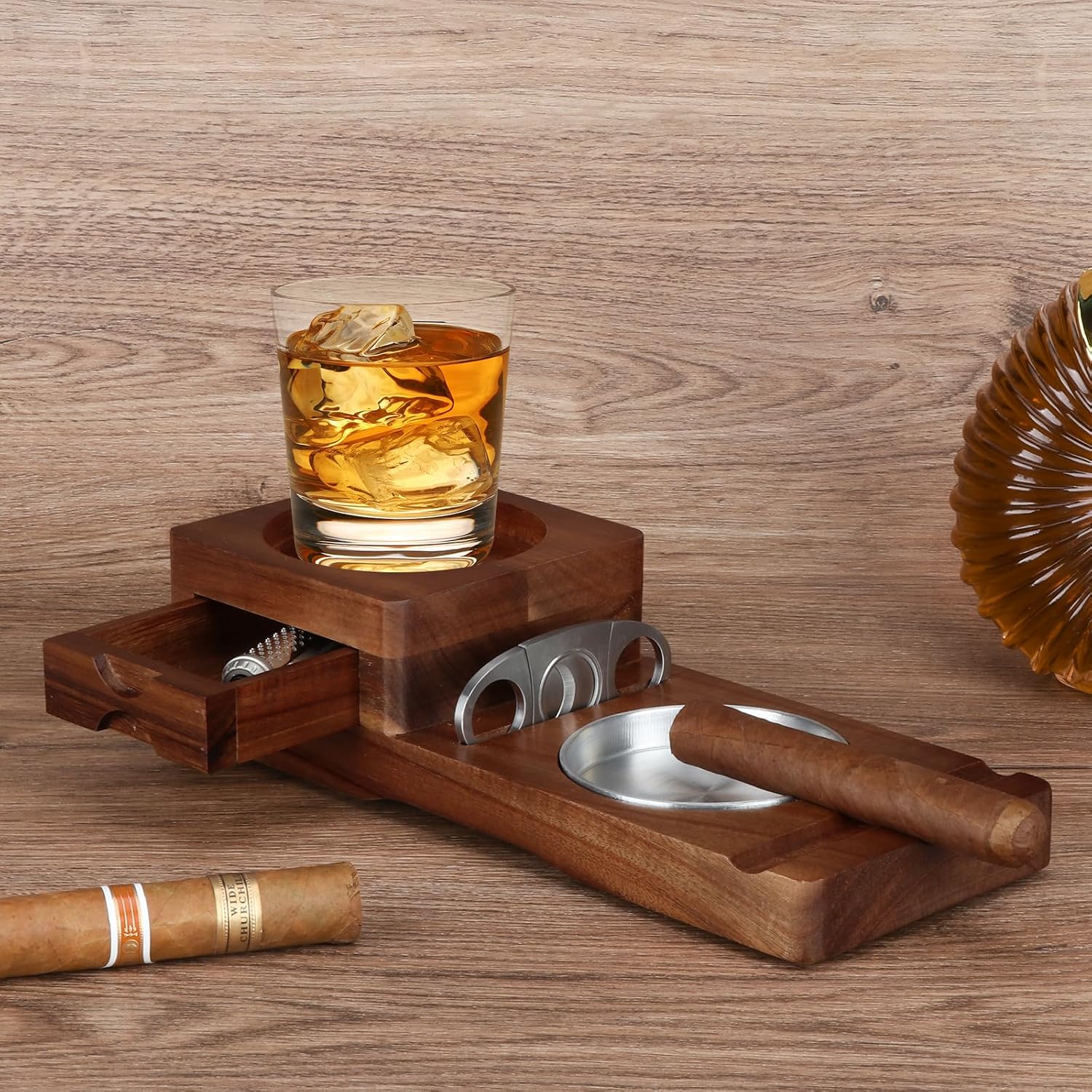 Ashtray Coaster Whiskey Glass Tray & Wooden Ash Tray / Deep Brown