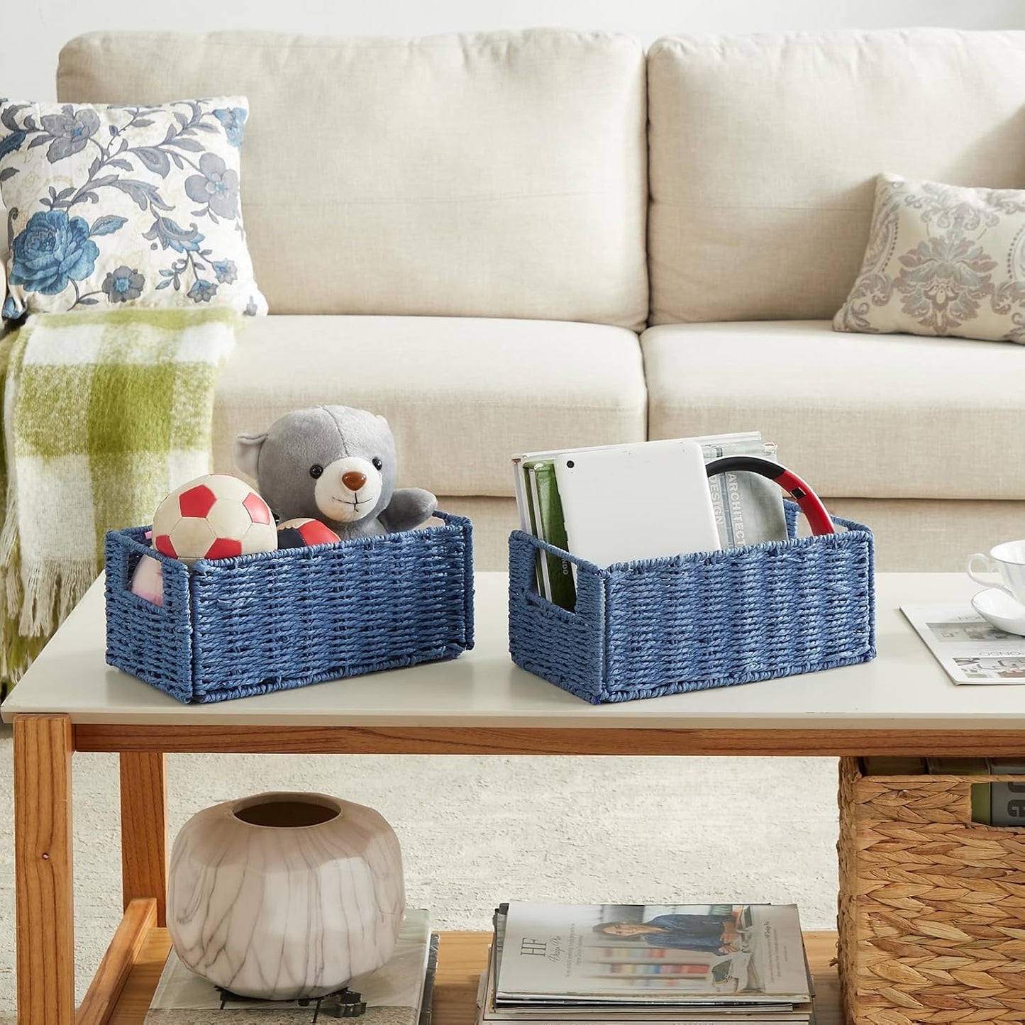 Wicker Storage Basket / Blue / 11.2"D x 6.1"W x 4.8"H / Set of 2