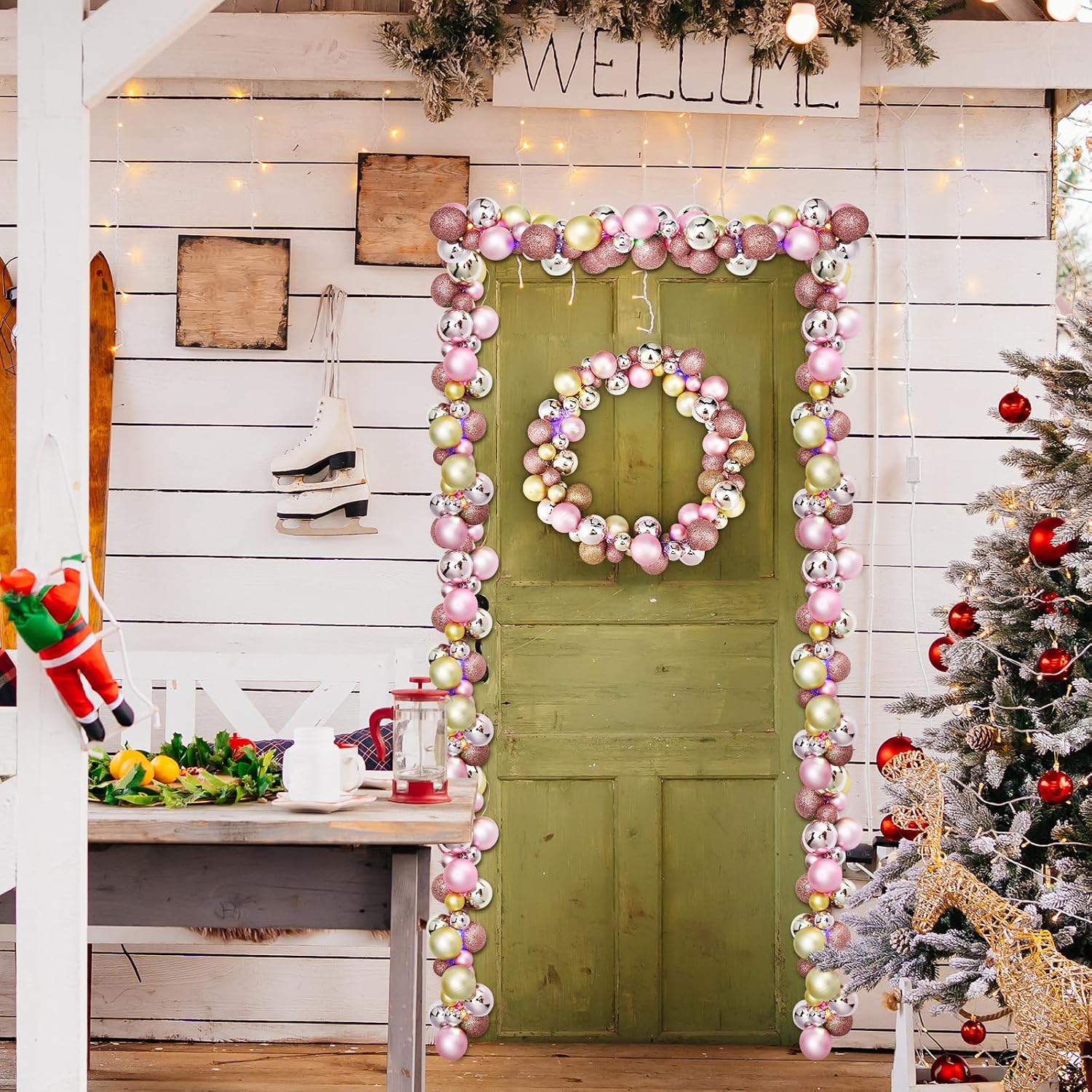 2 Pcs Christmas Balls Garland 6 ft Hanging Ornaments Xmas Balls Decorations with 2 Pcs 10 Feet LED Lights Indoor