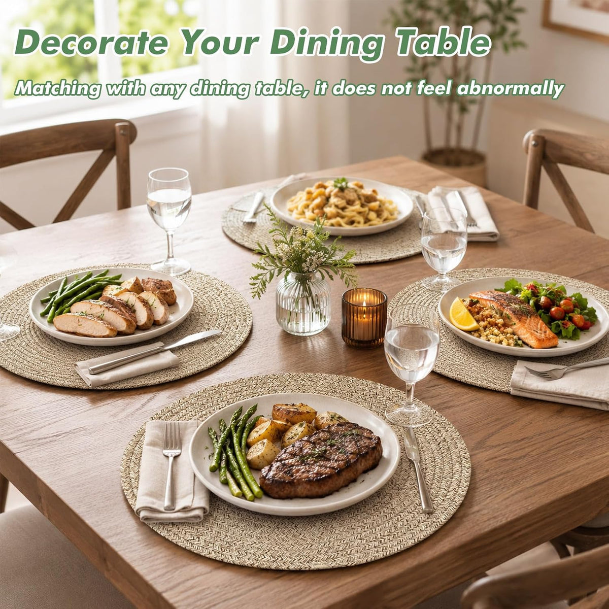 8 Pack Round Woven Placemats 13.5 Inches Heat Resistant Placemats Farmhouse Cotton Rope Braided Place Mats for Dining