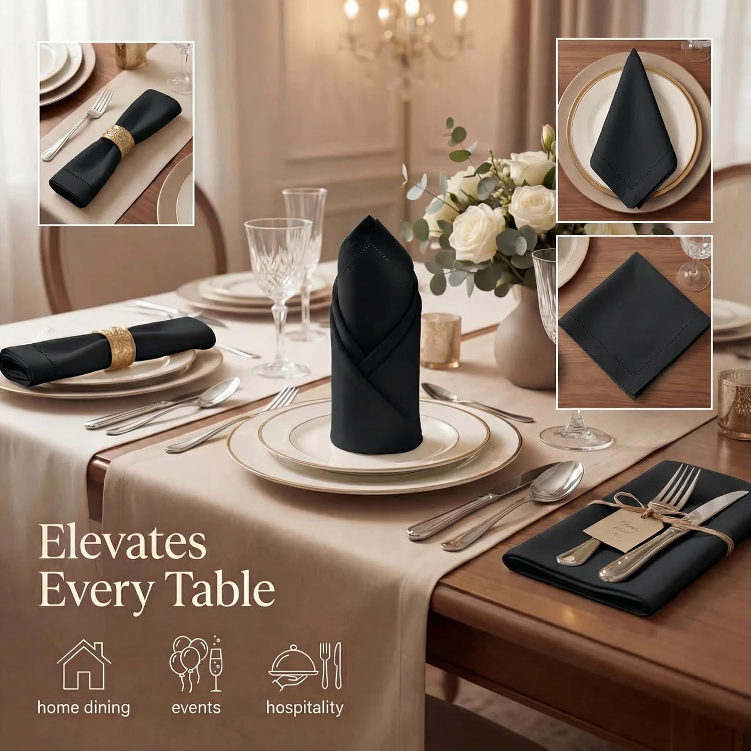 Urban Villa Hemstitch Cloth Dinner Napkins Cotton 20”x20” (Set of 12)-Black