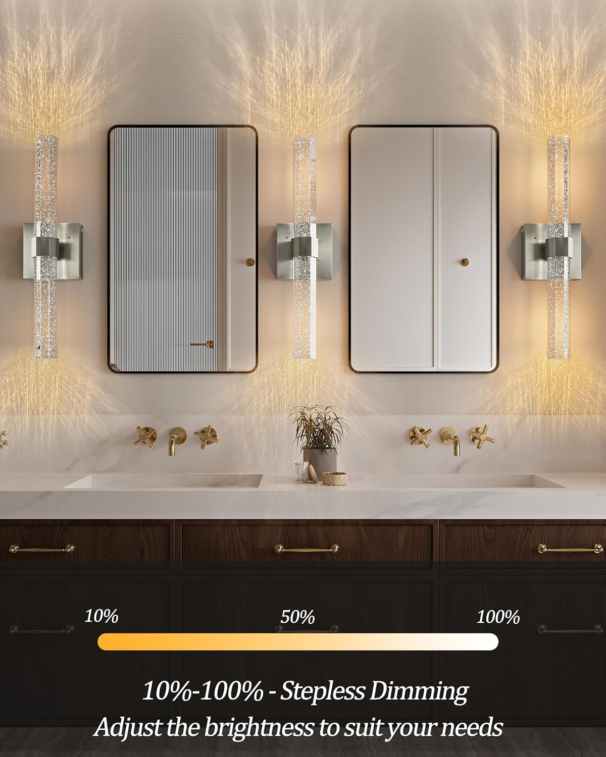 Battery Operated Wall Sconces Set of 2, Nickel, Bubble Crystal, 18.4 Inch | LED Wireless Rechargeable Wall Lights