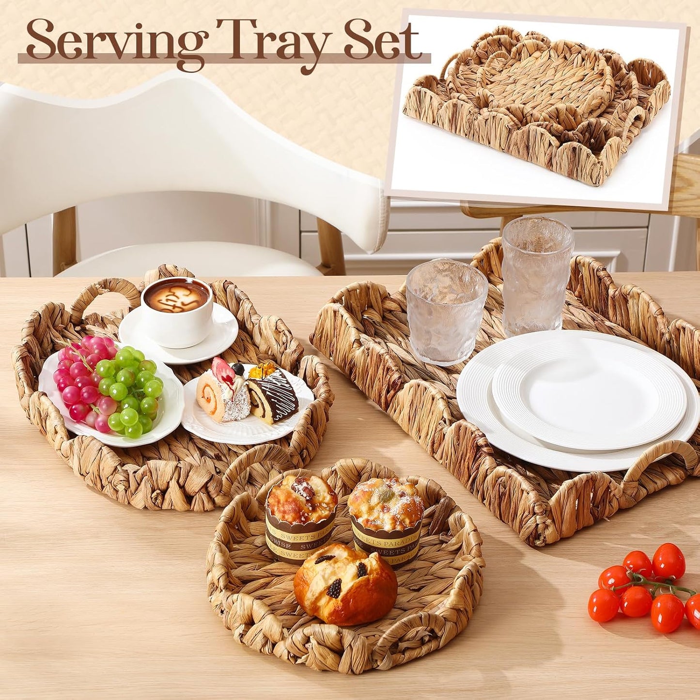 Handles 3 Sizes Decorative Seagrass Tray / Set of 3