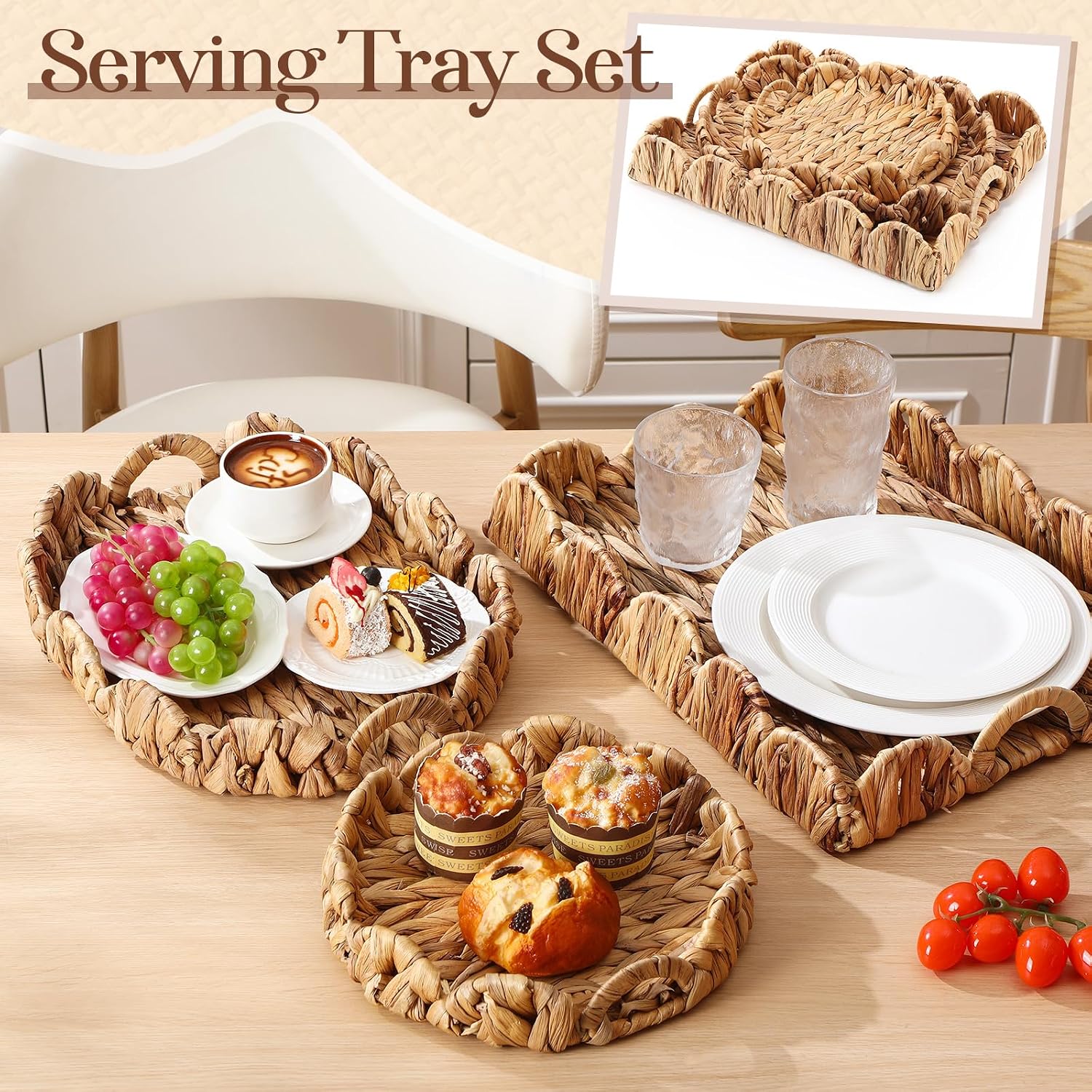 Handles 3 Sizes Decorative Seagrass Tray / Set of 3