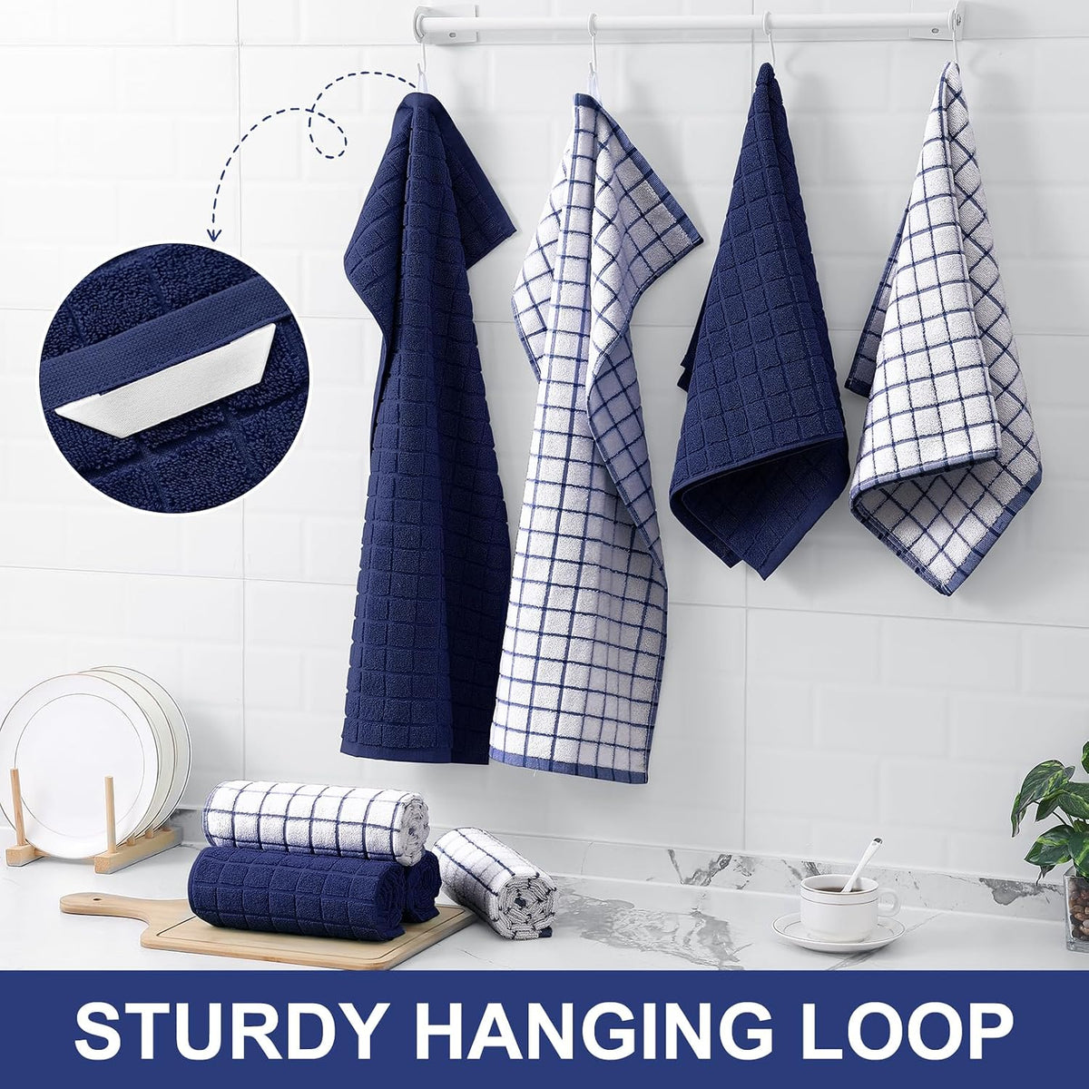 Homaxy Large Premium Cotton Kitchen Towels 16"x 28", 8 Pack, Dusty Blue | Natural Ring Spun 390 GSM Dish Towels, Super
