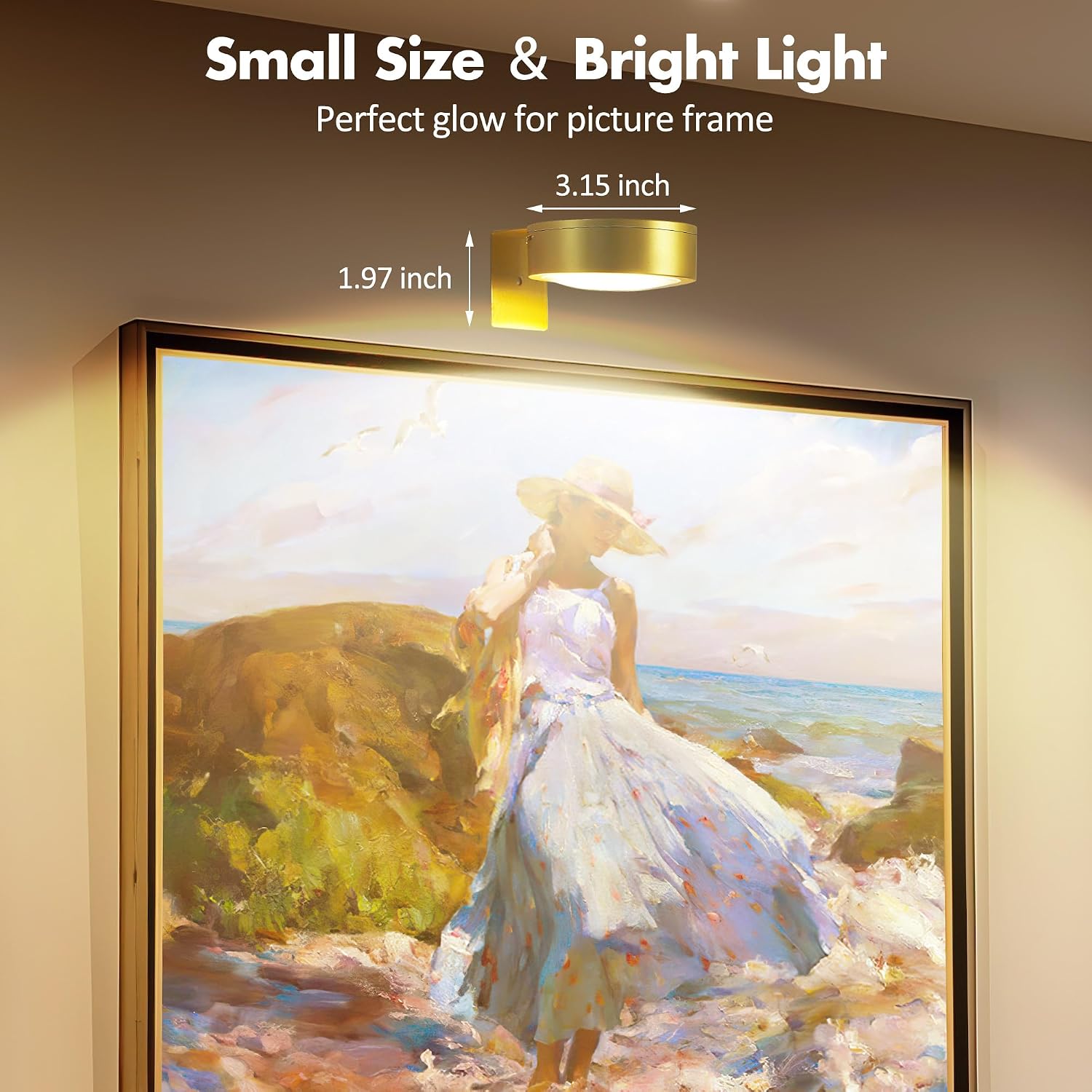 Picture Lights for Wall, Wireless Poster Lights Battery Operated, Gold | LED Magnetic Painting Light with Remote