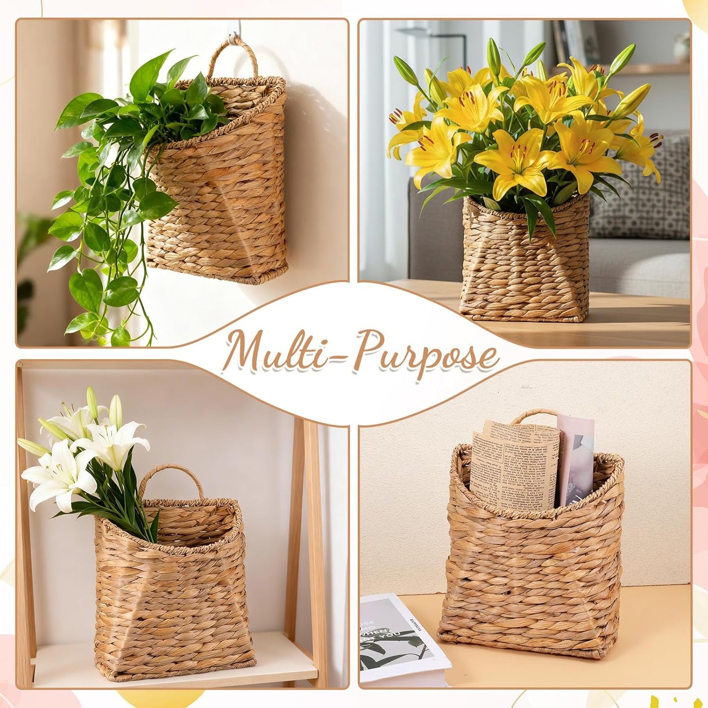 Woven Hanging Wall Basket Water Hyacinth Woven Wall Mounted Organizer Handmade Rattan Baskets