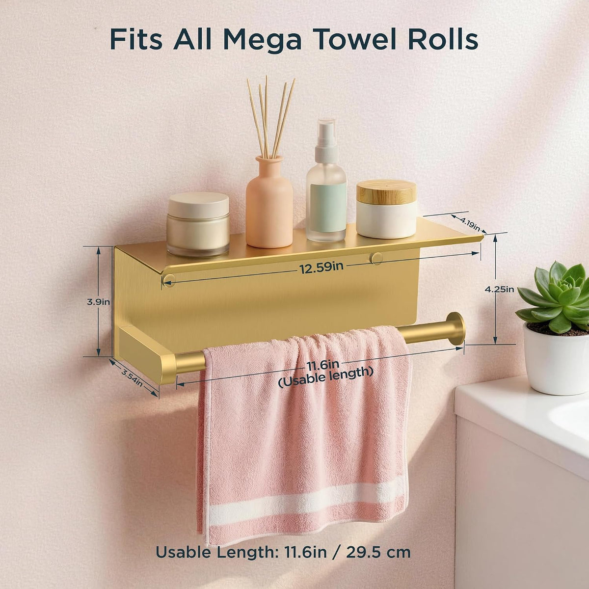 FORIOUS Wall Mount Paper Towel Holder with Shelf for Kitchen, Brushed Gold | Heavy Duty SUS304 Stainless Steel Paper