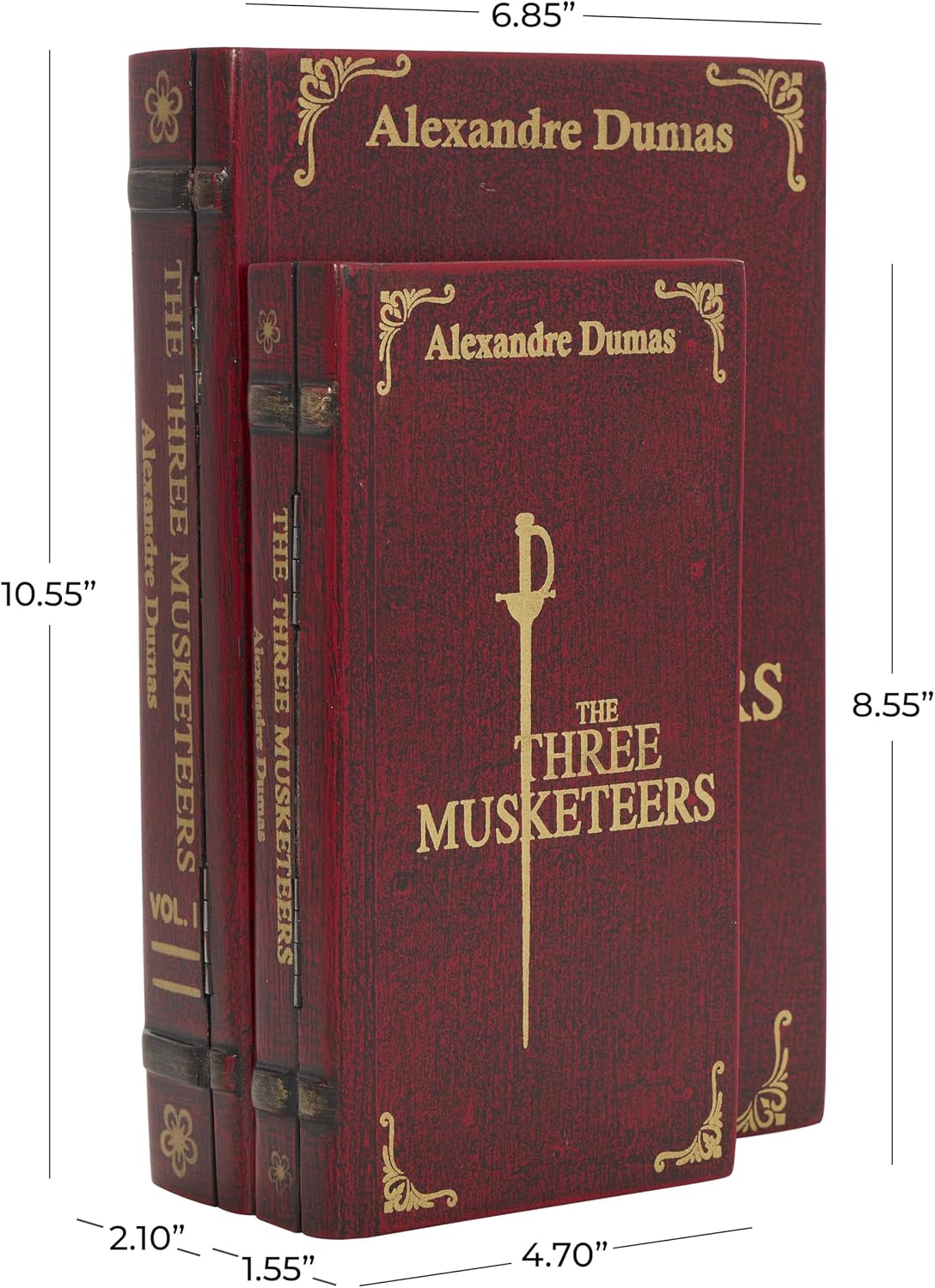Wooden Decorative Box "The Three Musketeers" Storage Faux Book / Red / 11", 9"W / Set of 2