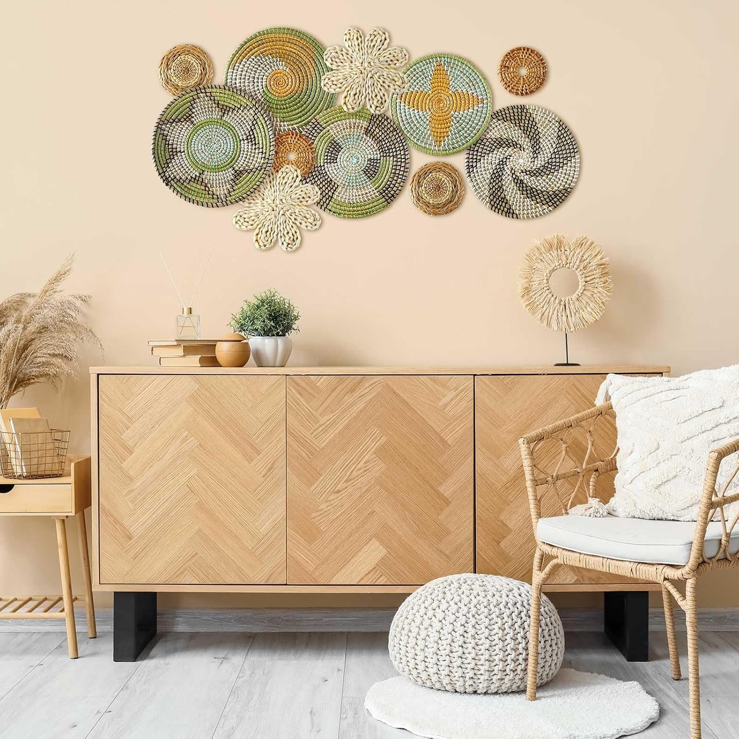 Boho Wall Basket Decor Bulrush Woven Wall Hanging Art Round Farmhouse Rustic / Stylish / Set of 11