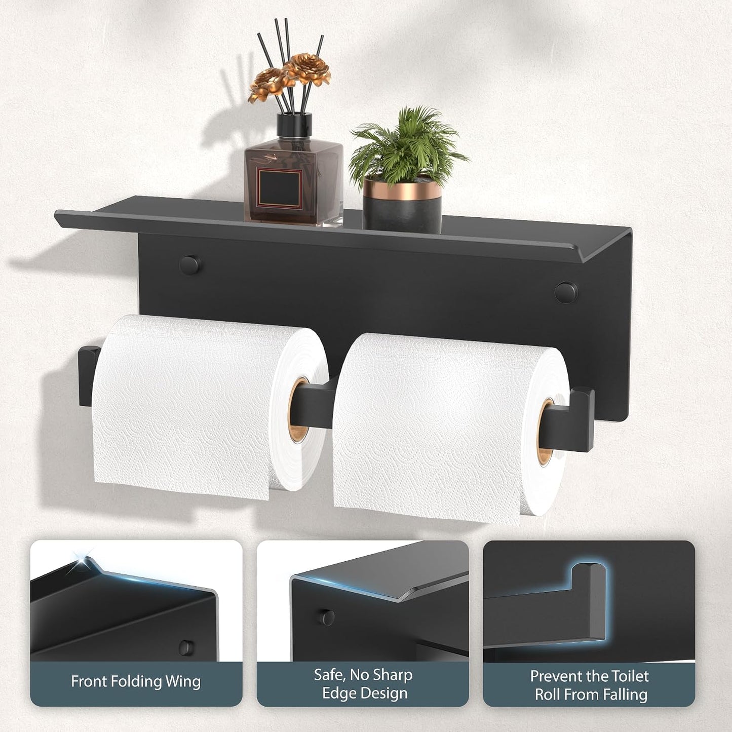 FORIOUS Toilet Paper Holder with Shelf, Commercial Toilet Paper Dispenser | Matte Black | SUS304 Stainless Steel Wall