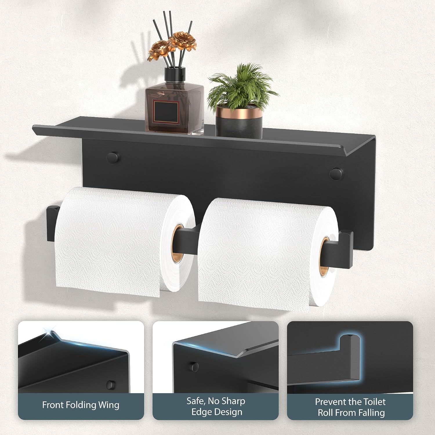 FORIOUS Toilet Paper Holder with Shelf, Commercial Toilet Paper Dispenser | Matte Black | SUS304 Stainless Steel Wall