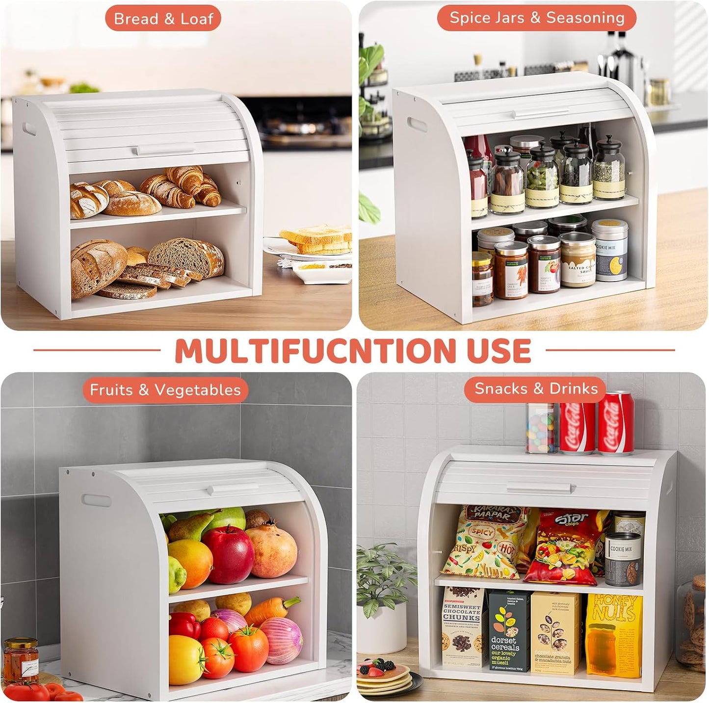 G.a HOMEFAVOR 2-Tier Bamboo Bread Box for Kitchen Counter, White | Large Roll Top Bread Storage Container, Bread Holder