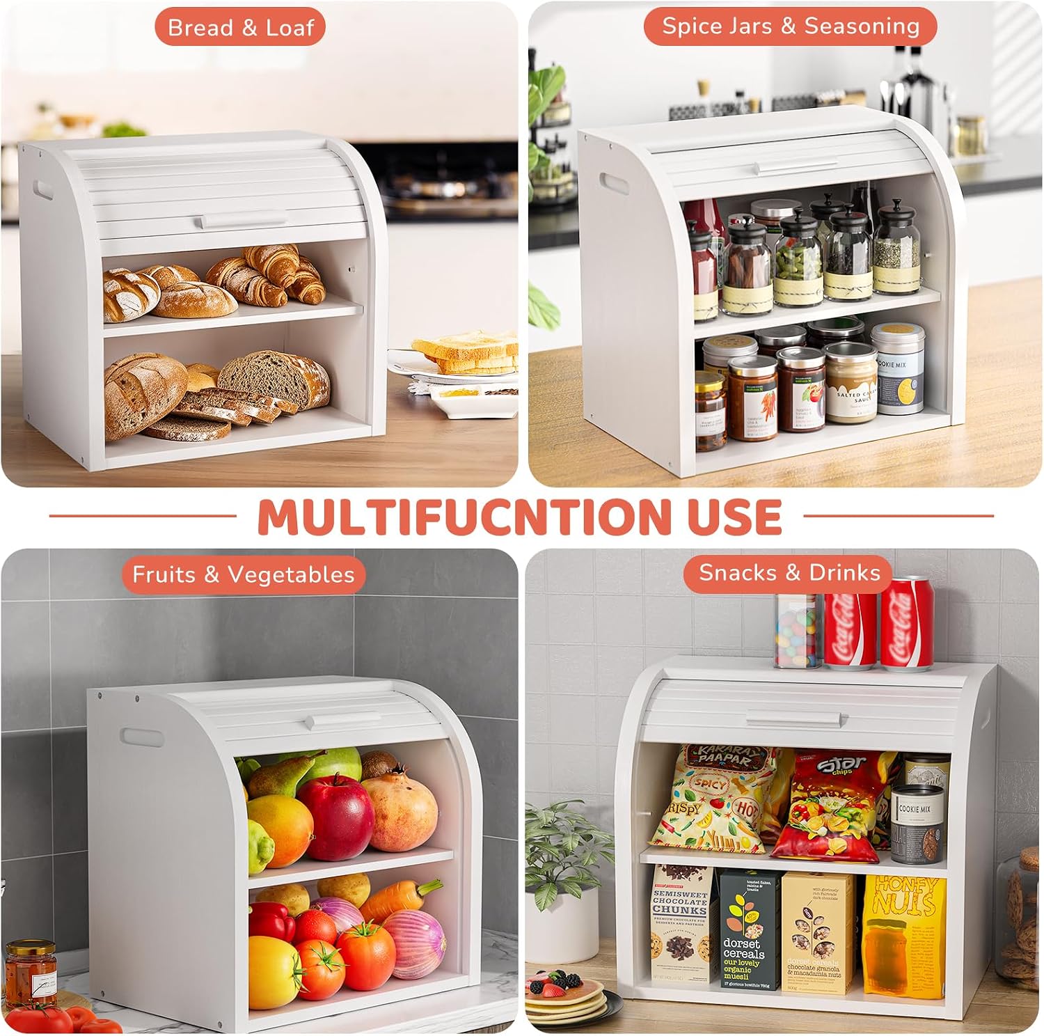 G.a HOMEFAVOR 2-Tier Bamboo Bread Box for Kitchen Counter, White | Large Roll Top Bread Storage Container, Bread Holder