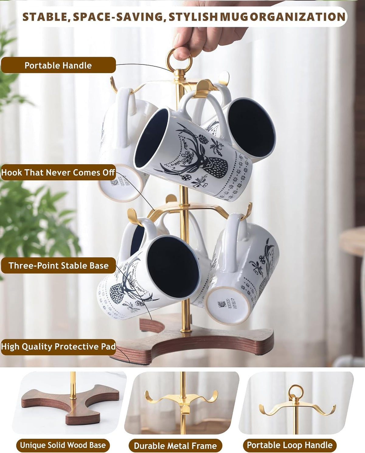 Gold Mug Holder Tree for Countertop | 2-Tier Coffee Mug Rack Holds 6 Large Mugs, 5oz to 20oz | Elegant Golden Cup Stand