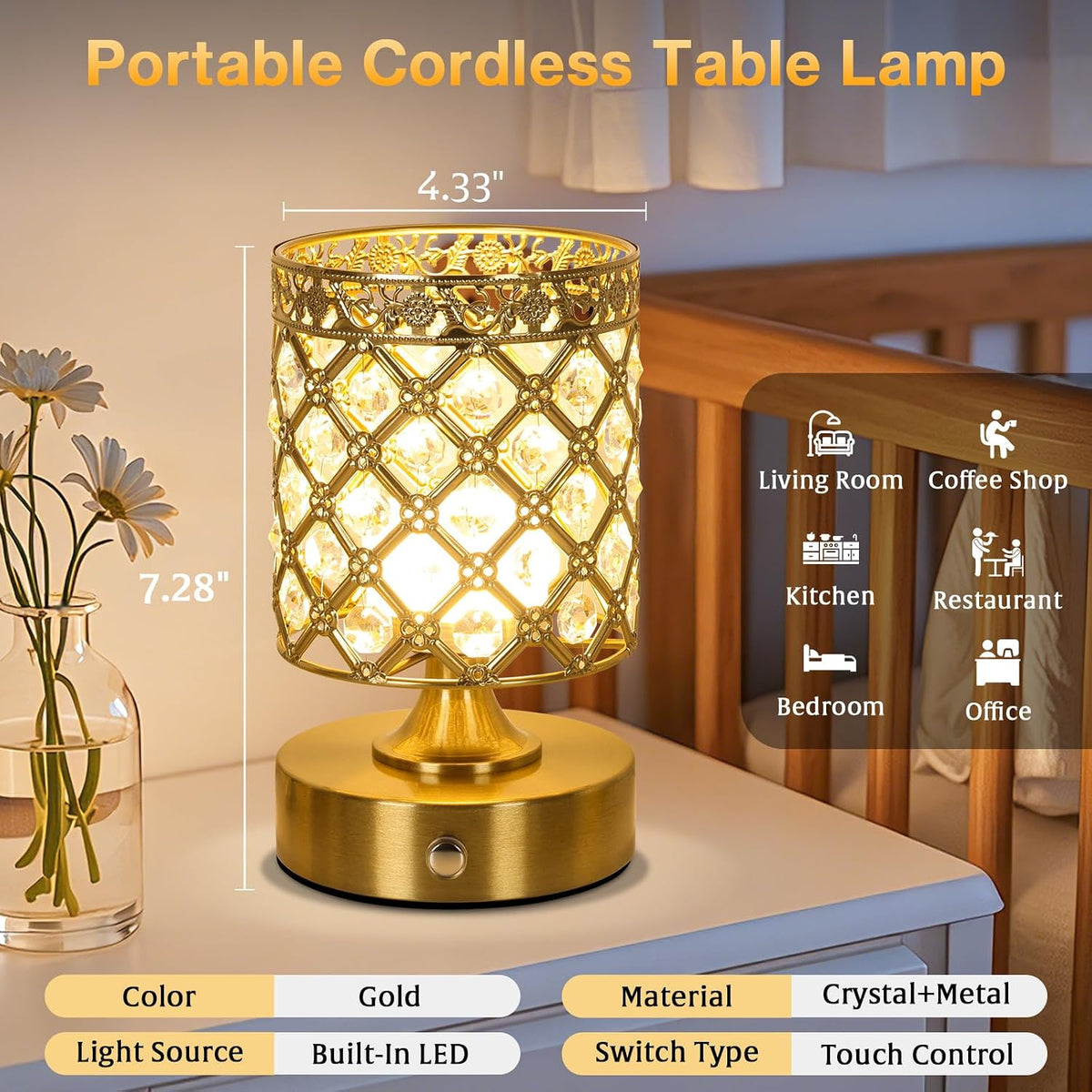 Gold Small Crystal Rechargeable Cordless Table Lamps Set of 2 | 6000mAh Battery, 3 Color Temps, Stepless Dimming, Touch
