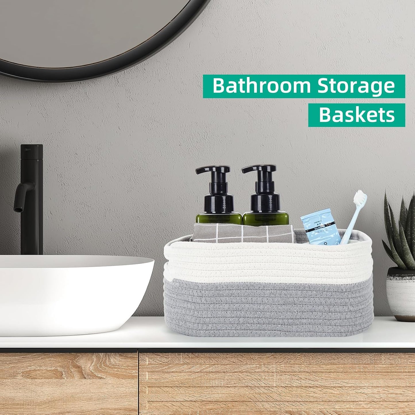 Small Cotton Rope Storage Baskets for Organizing Woven / 11.8 x 7.8 x 5 / White&grey / Set of 3