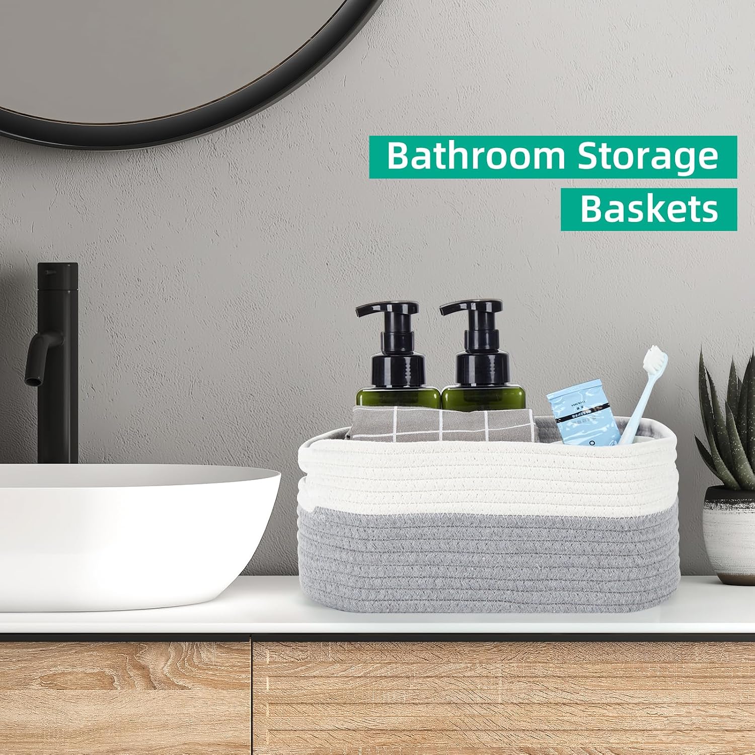 Small Cotton Rope Storage Baskets for Organizing Woven / 11.8 x 7.8 x 5 / White&grey / Set of 3