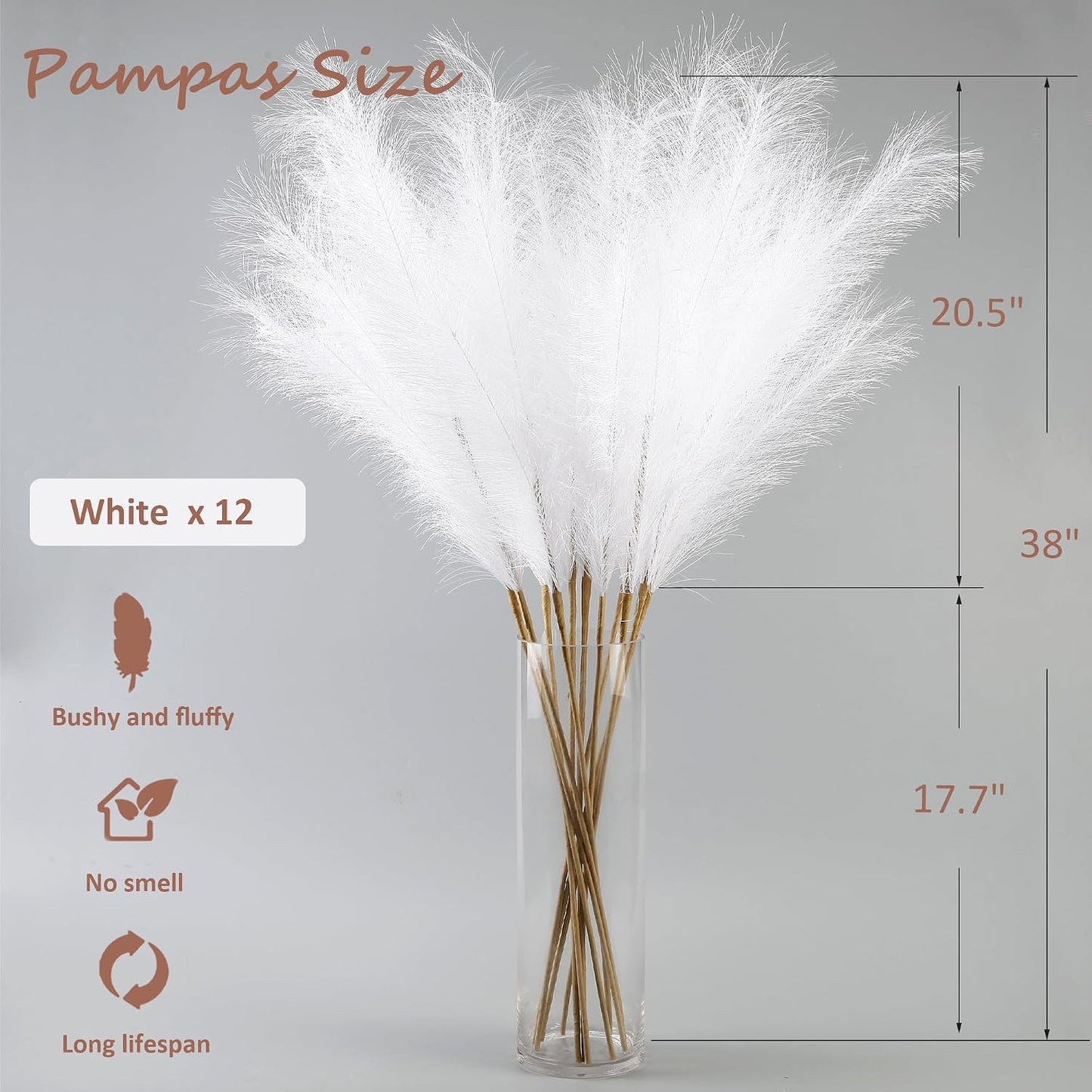 Faux Pampas Grass Decor 38"/ Tall Fake Pompas Floral Large Artificial / White / 3.1 Inch / Set of 12