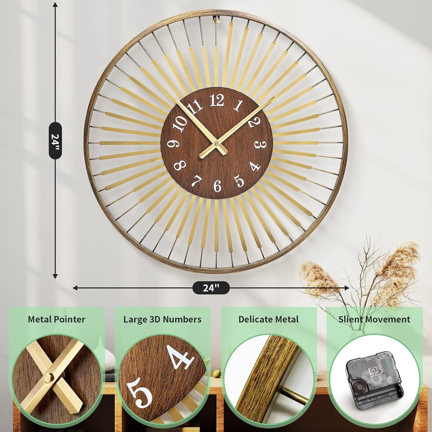 24 Inch Mid-Century Modern Wall Clock | round frame with walnut center, silent quartz clock, gold accents, decor wall
