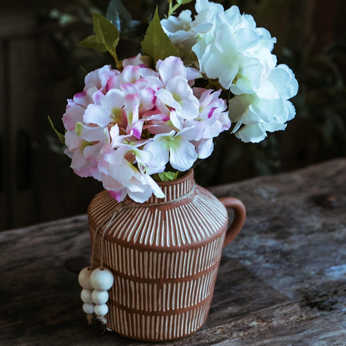 Rustic Farmhouse Vase / Yellow - Wooden Beads