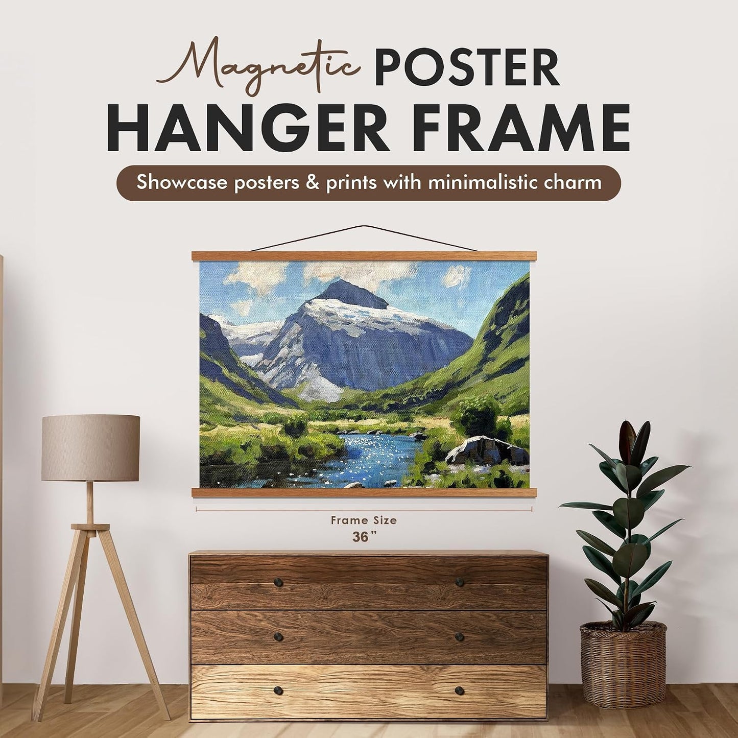 Magnetic Poster Hanger 36” Poster Frame with Strong Magnets, Complete Hanging Kit for Posters, Art, Maps, and More