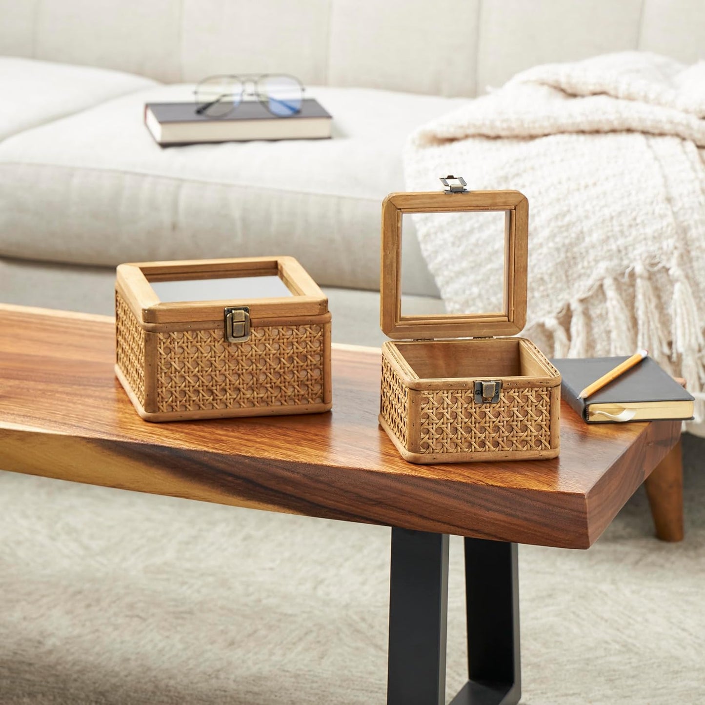 Rattan Handmade Decorative Box Woven Decorative Keepsake Boxes / Brown / 7", 6"W / Set of 2