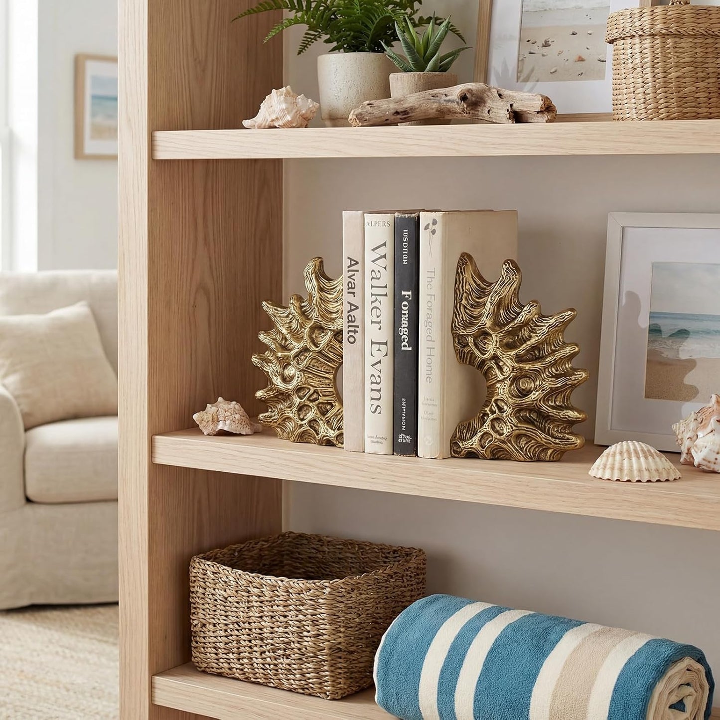 Coral Bookends / Heavy Duty Non-Slip Book Holders / Gold