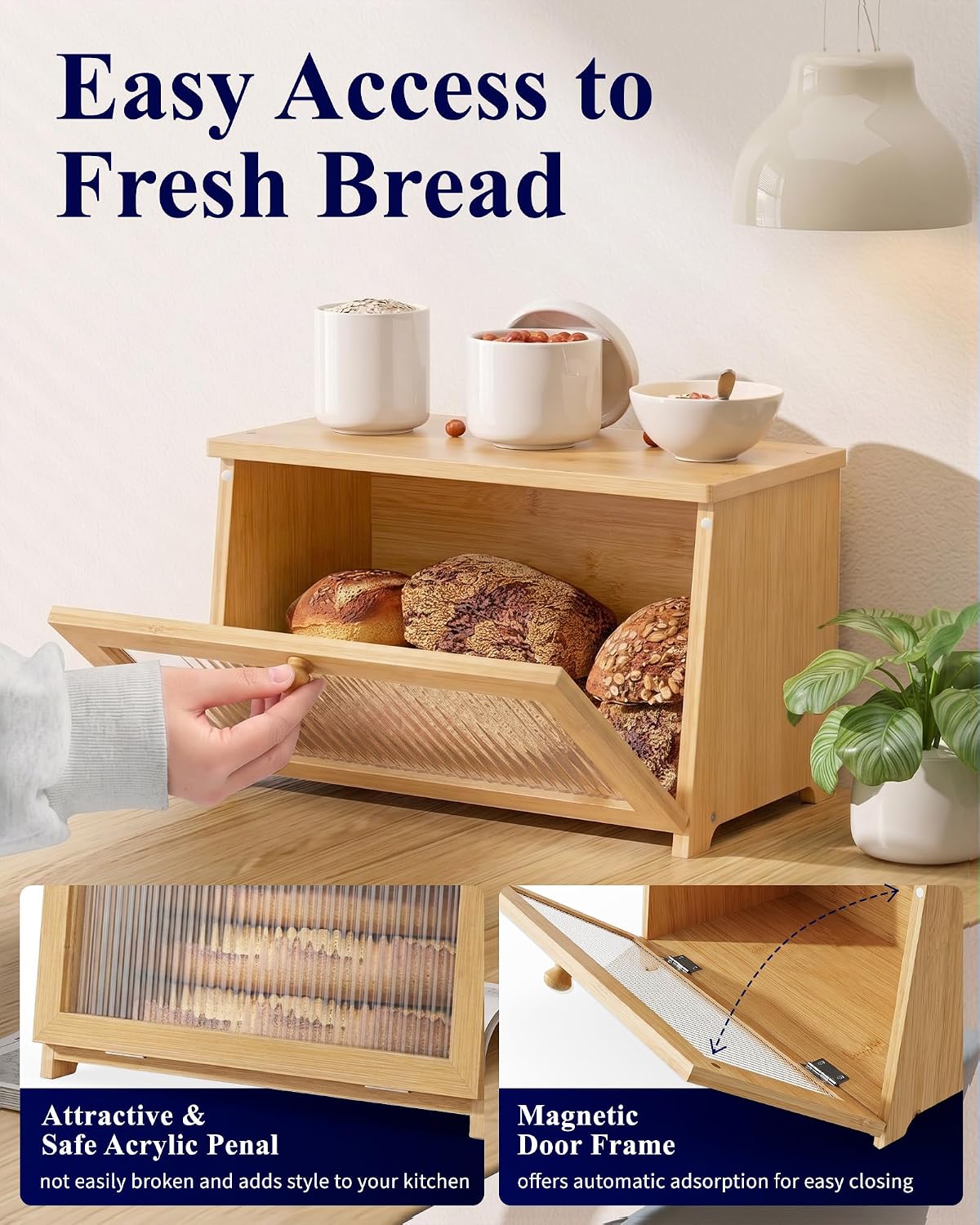 Kitsure Wooden Bread Box for Kitchen Countertop, 1-Tier, Bamboo | Large Capacity Kitchen Countertop Organizer, Stylish