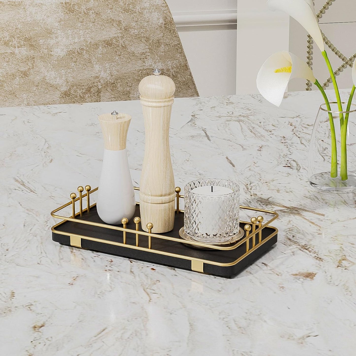 Kitchen Tray for Soap Dispenser Spice Salt / 7.9 x 4.4 x 1.6 / Black + Gold