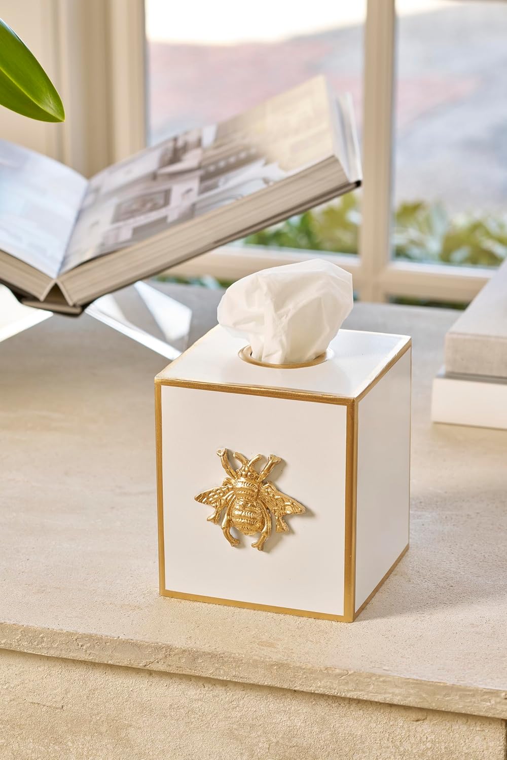 Metal Tissue Box Cover Square / White Bee / Regency