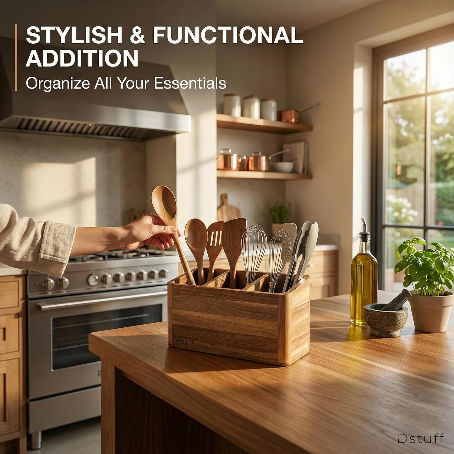 Dstuff Wood Utensil Holder for Kitchen Counter - Large Kitchen Utensil Holder for Countertop - Acacia Wooden Utensil