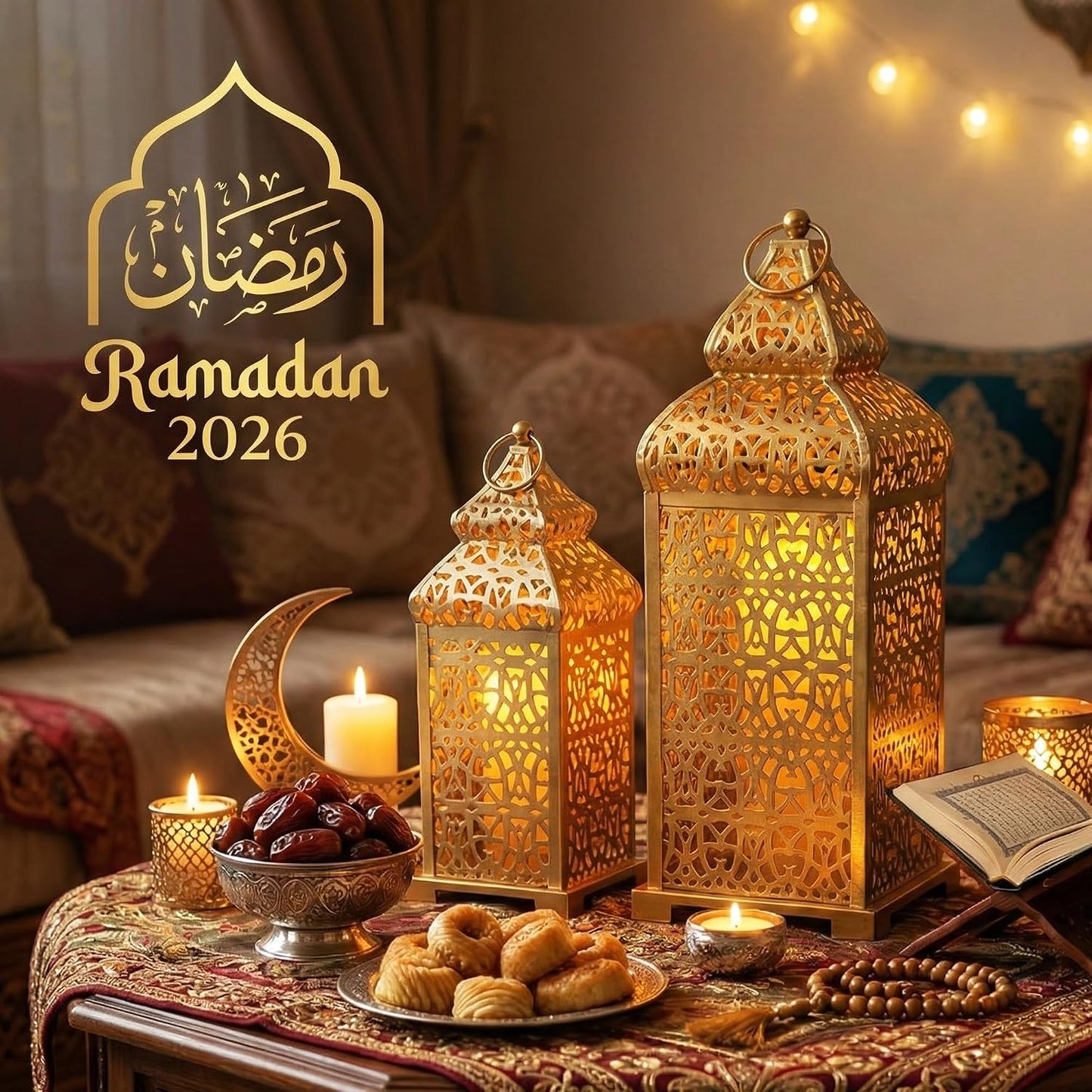 Vela Lanterns Decorative Indoor Moroccan Candle Holders, Gold, Set of 2 | Ramadan, Eid & Islamic Home Decor, Large