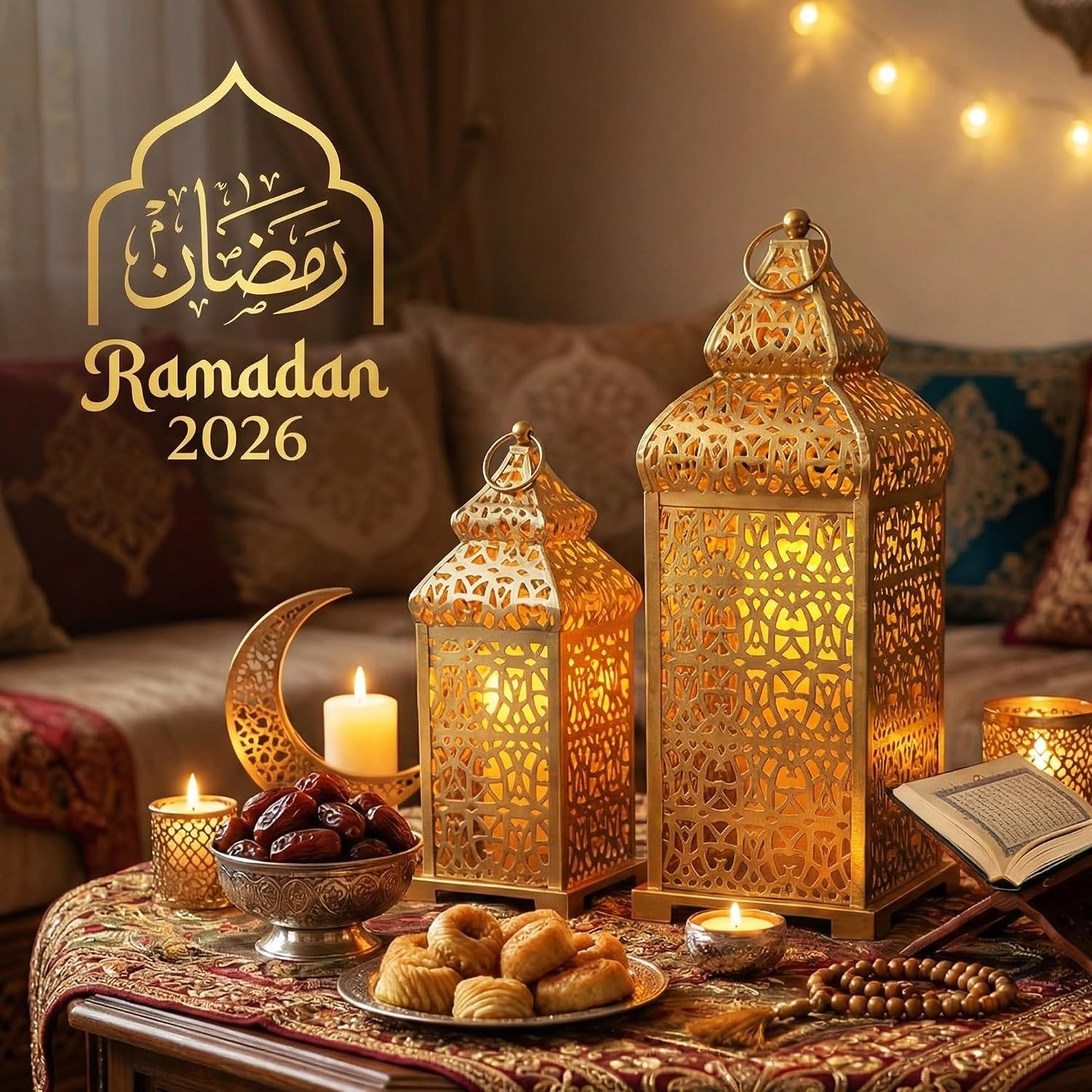 Vela Lanterns Decorative Indoor Moroccan Candle Holders, Gold, Set of 2 | Ramadan, Eid & Islamic Home Decor, Large