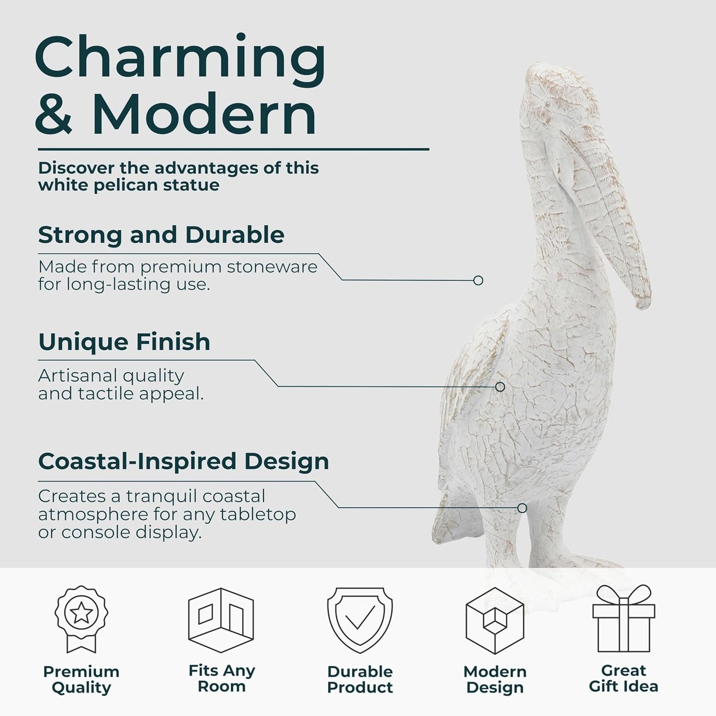 Modern Ceramic Standing Pelican Sculpture / 14.0" H / White