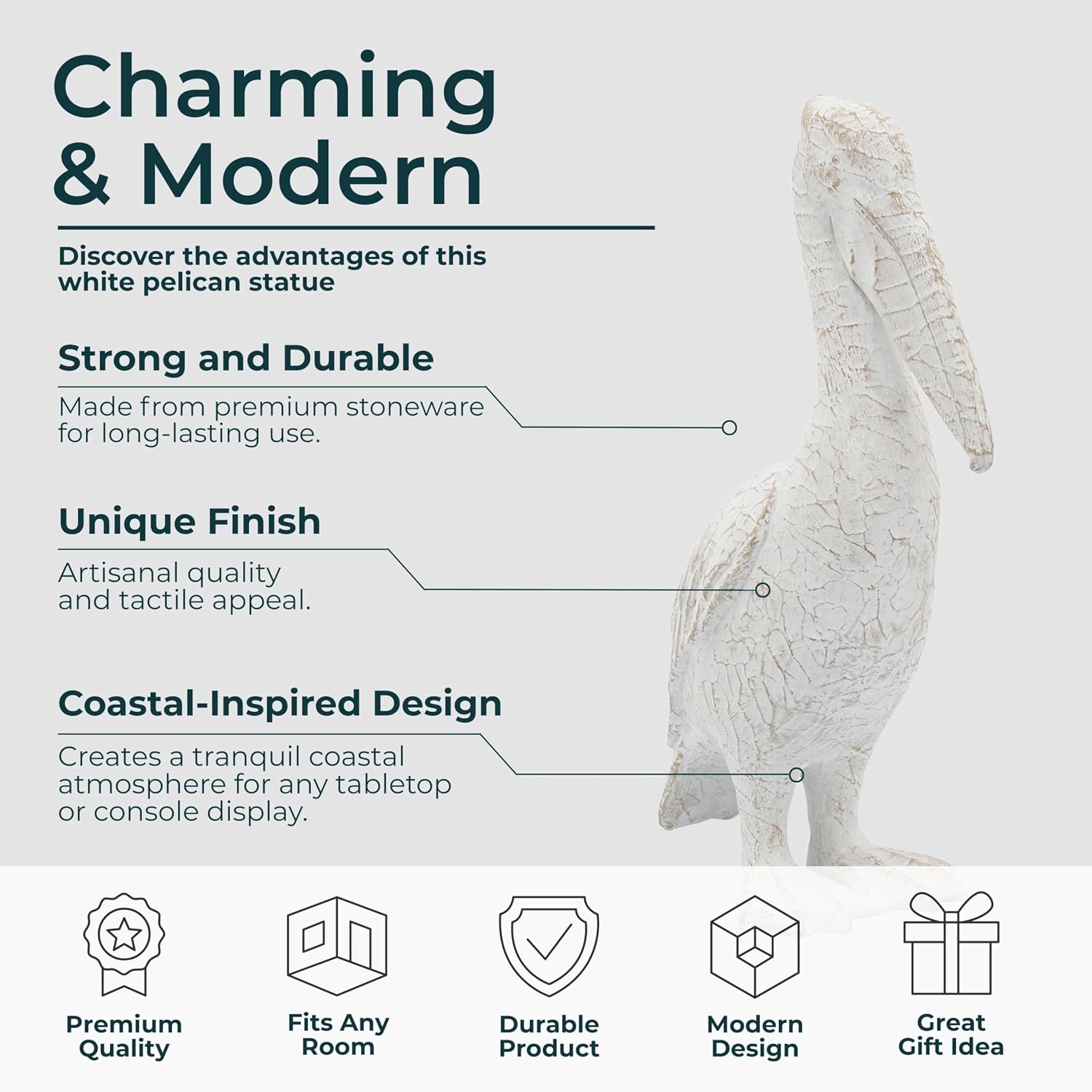 Modern Ceramic Standing Pelican Sculpture / 14.0" H / White