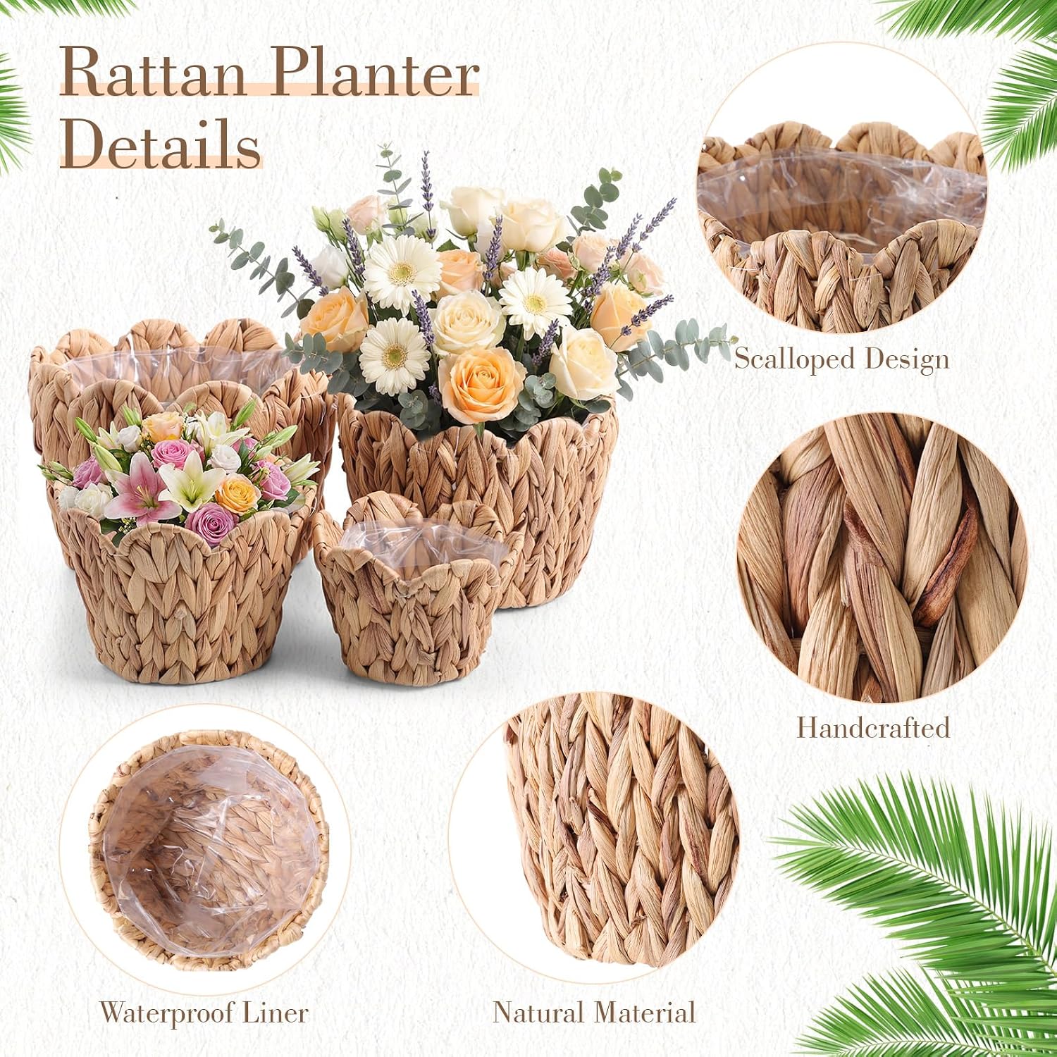 Scalloped Wicker Plant Basket Water Hyacinth Plant Baskets Hand Woven Flower / Untrim / Set of 4