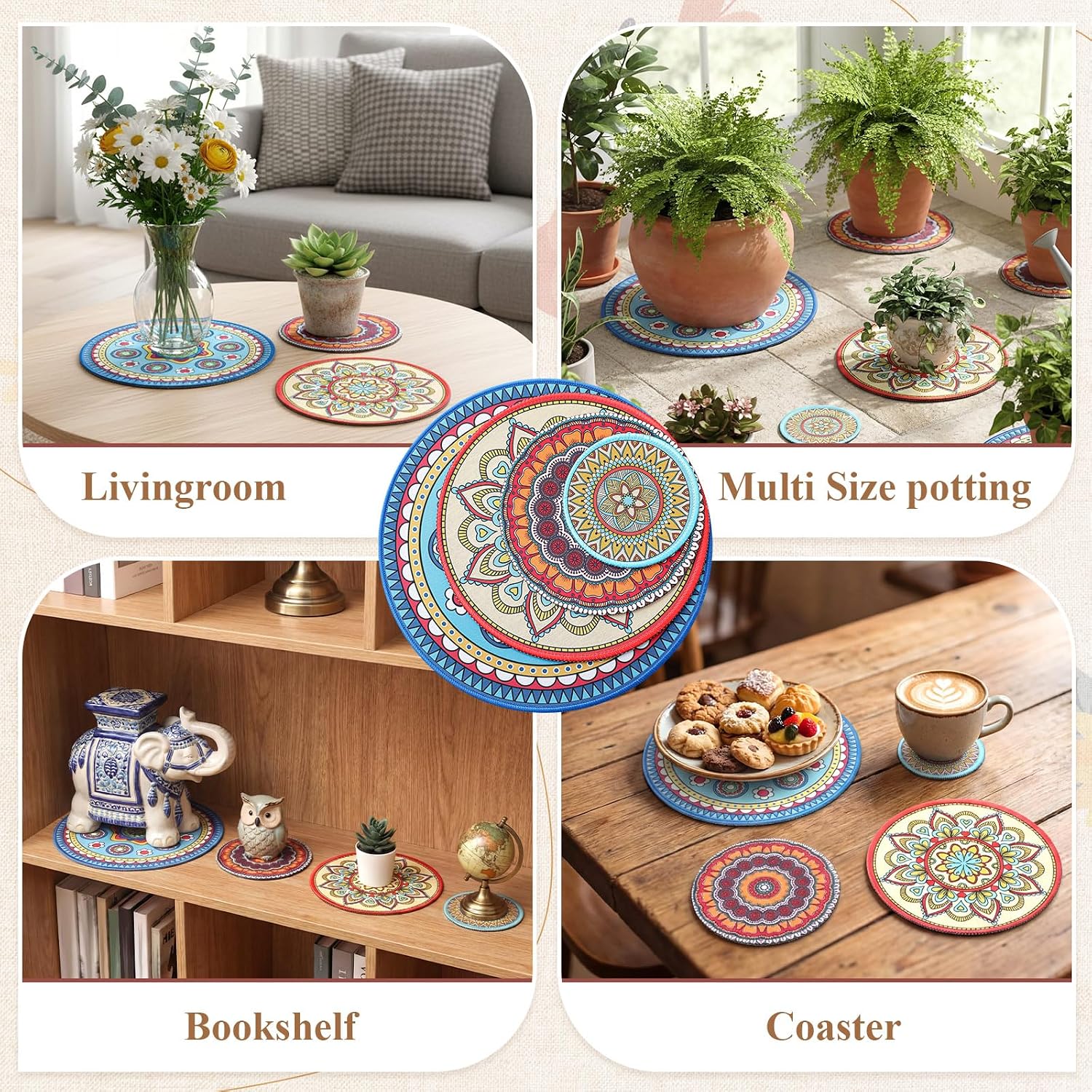 Boho Plant Pot Mat 4 Size 9.84" 7.87" 5.9" 3.94" Rubber Absorbent Non Slip Pot House / Set of 8