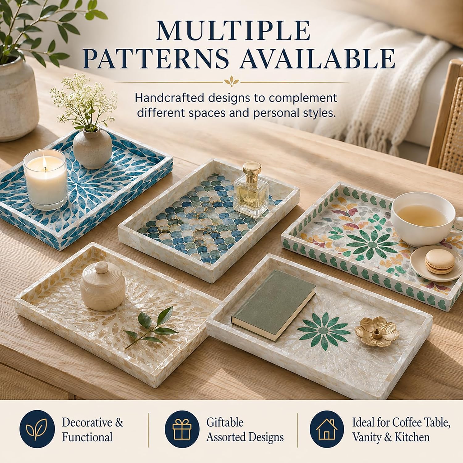Mother of Pearl Inlay Wooden Tray / Colorful Leaves