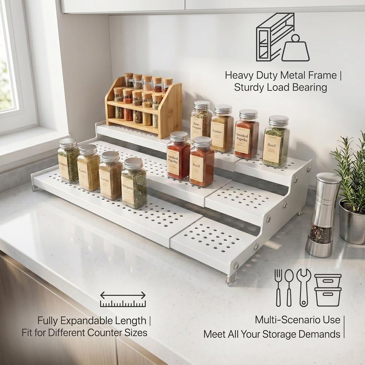 Expandable 3-Tier Spice Metal Shelf Rack, White, 2 Packs | Kitchen Cabinet and Pantry Organizer, Seasoning Storage