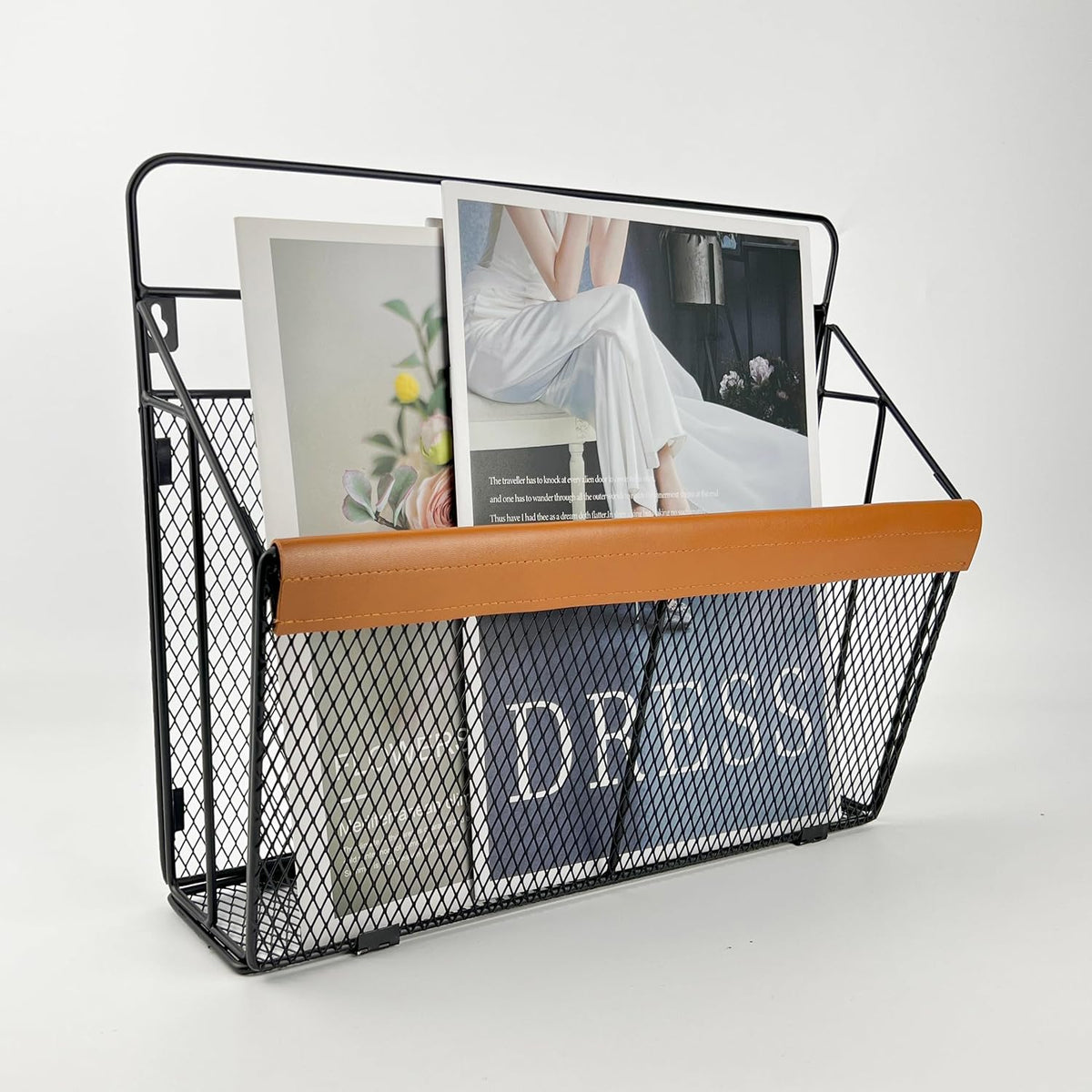 Wall Mounted Magazine Rack with Leather Trim, Decorative Art Wall Magazine Holder, Hanging Paper Organizer, Metal Wire